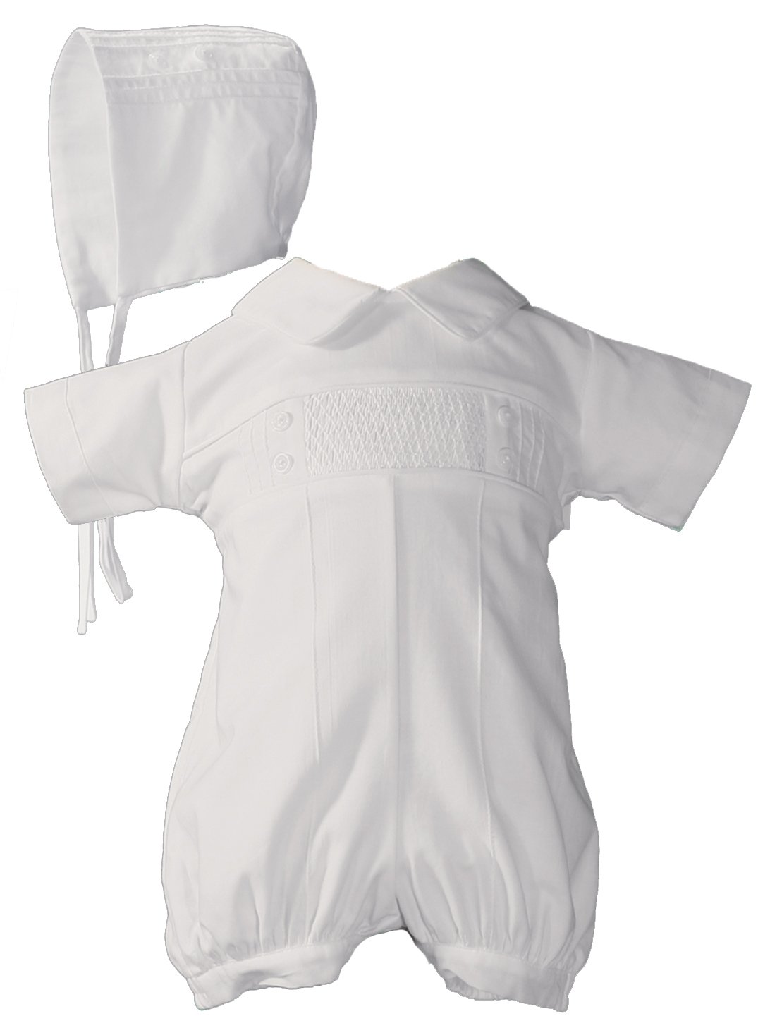 Baby Boys White Cotton Smocked Romper & Bonnet Set 0-12 Months | Christening Outfit for Baptism, Church & Special Occasions