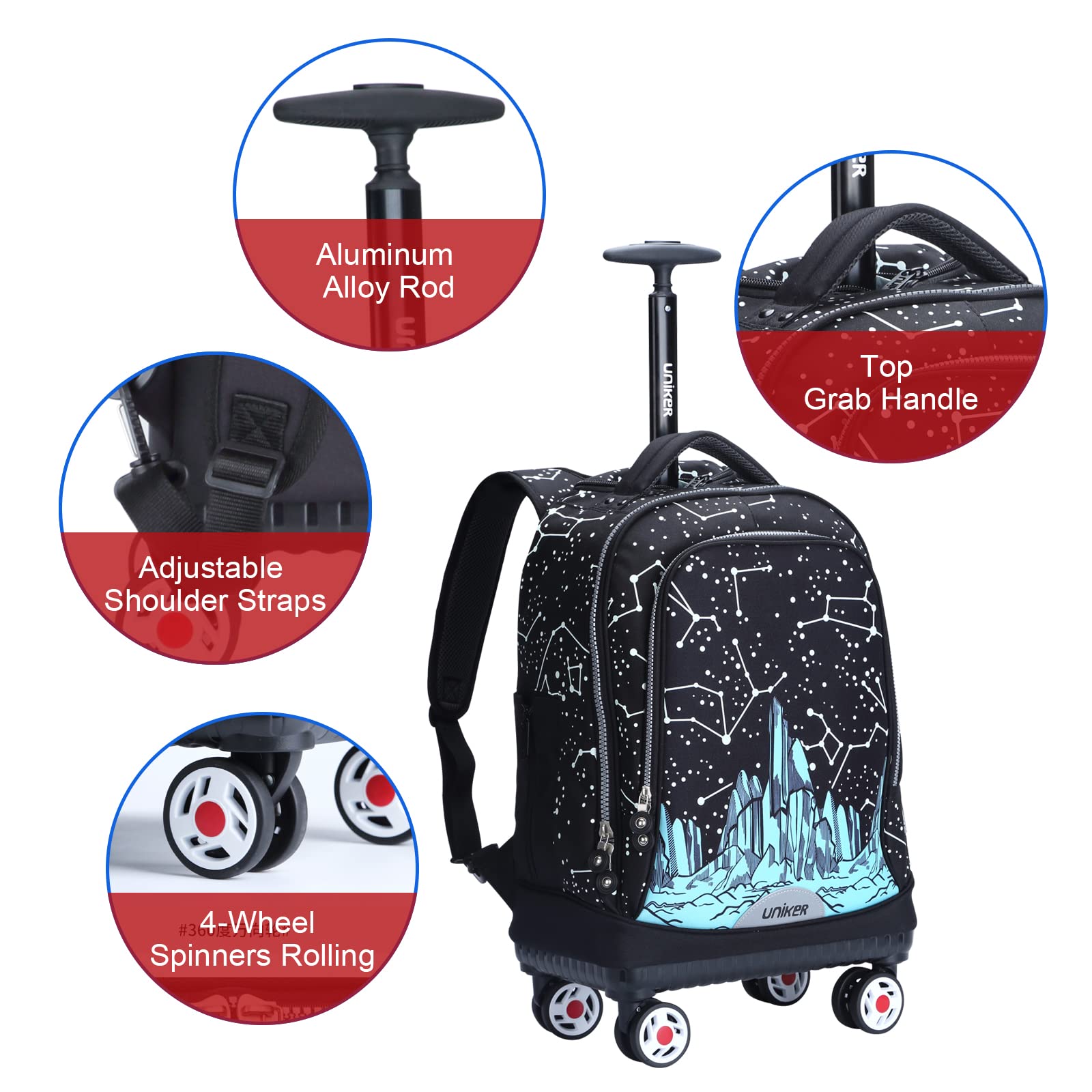 UNIKER Rolling Backpack with Wheels - Travel Laptop Backpack for Women & Men, Wheeled Carry-On Bag Fits 15.6 Inch Notebook - Perfect for Airplane, Commute & Business Trips