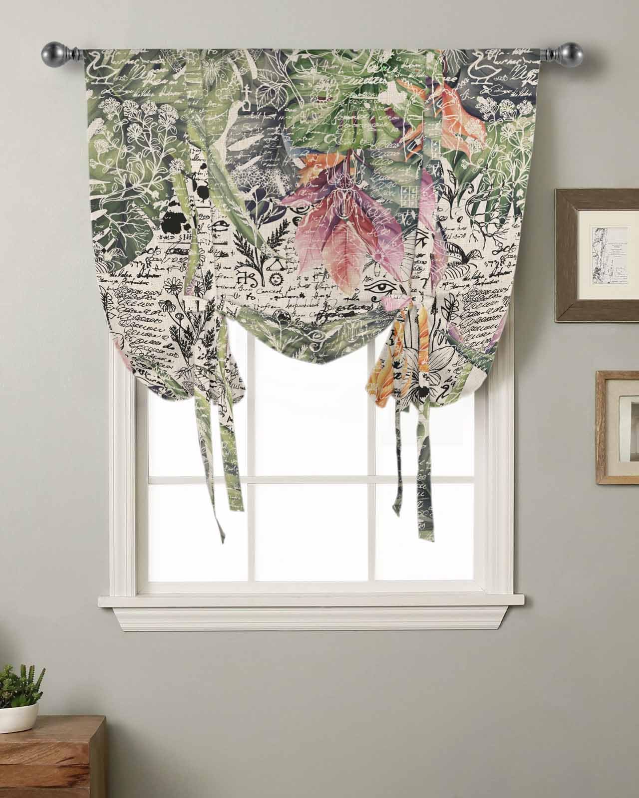 Botanical Tie-Up Curtains for Windows - Adjustable Balloon Shades with Tropical Floral Print, Farmhouse Kitchen Window Treatments, 42x45 Inch Rod Pocket Short Curtains - Perfect for Rustic Dining Rooms, Sunrooms & Cozy Bedrooms