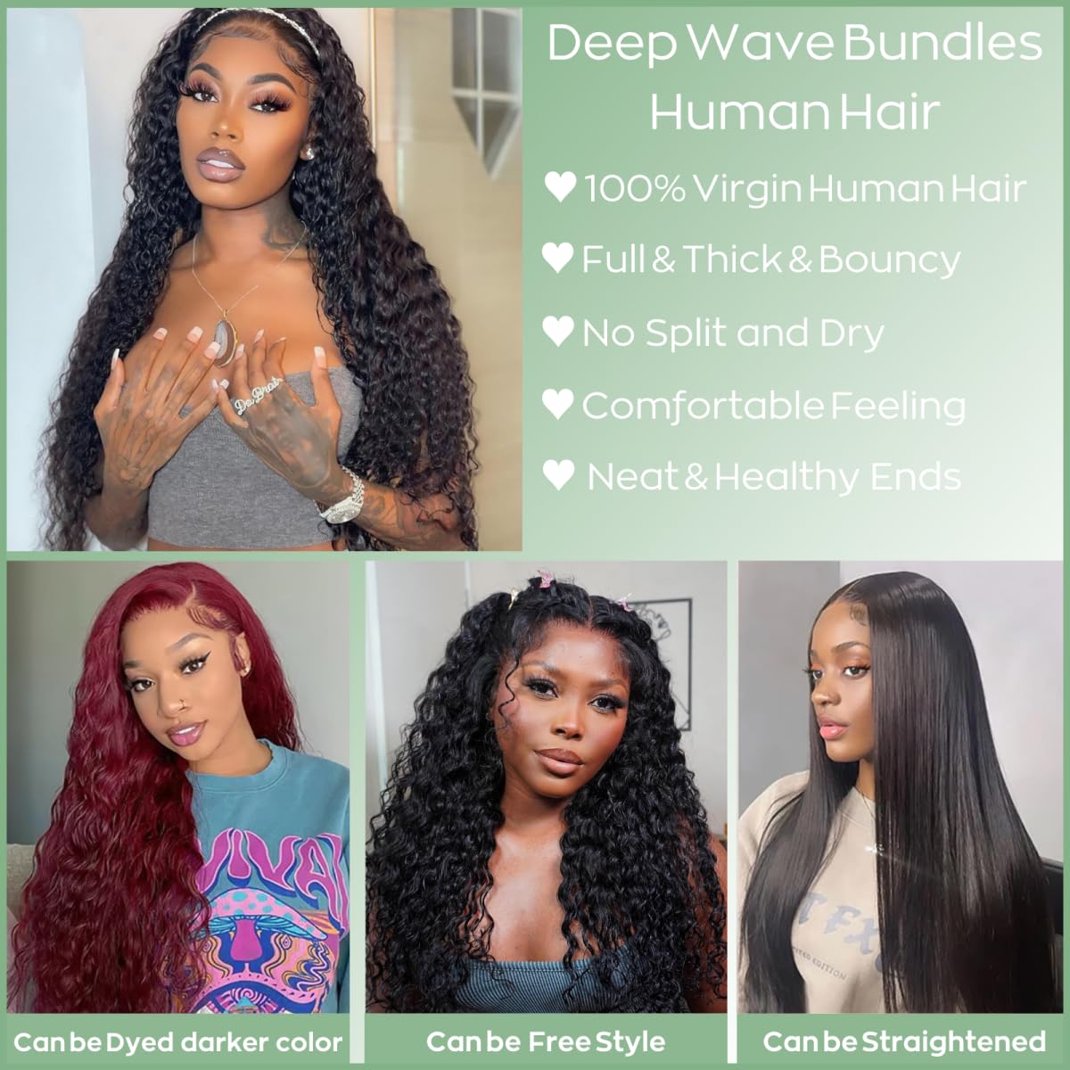 100% Unprocessed Virgin Brazilian Deep Wave Human Hair Bundles - 3 Bundles 12A Grade Natural Black (16/18/20 Inch) Double Weft for Weaving, Wigs & Extensions - Perfect for Daily Wear, Parties & Special Occasions