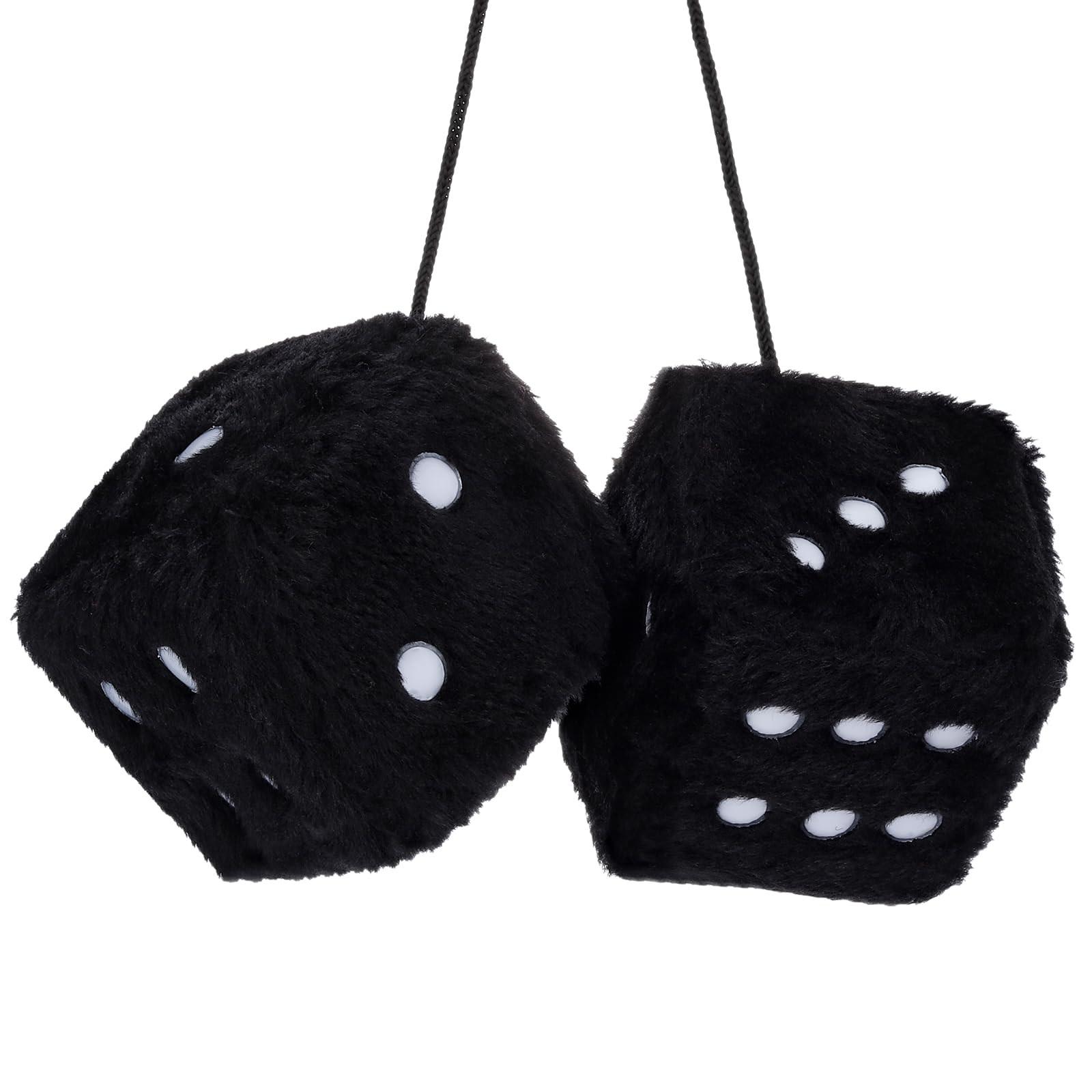 Soft Plush Fuzzy Dice Car Hanging Ornament - White with Black Dots, Cute Car Rear View Mirror Decor, Cozy Car Accessories for Interior Styling & Road Trip Vibes