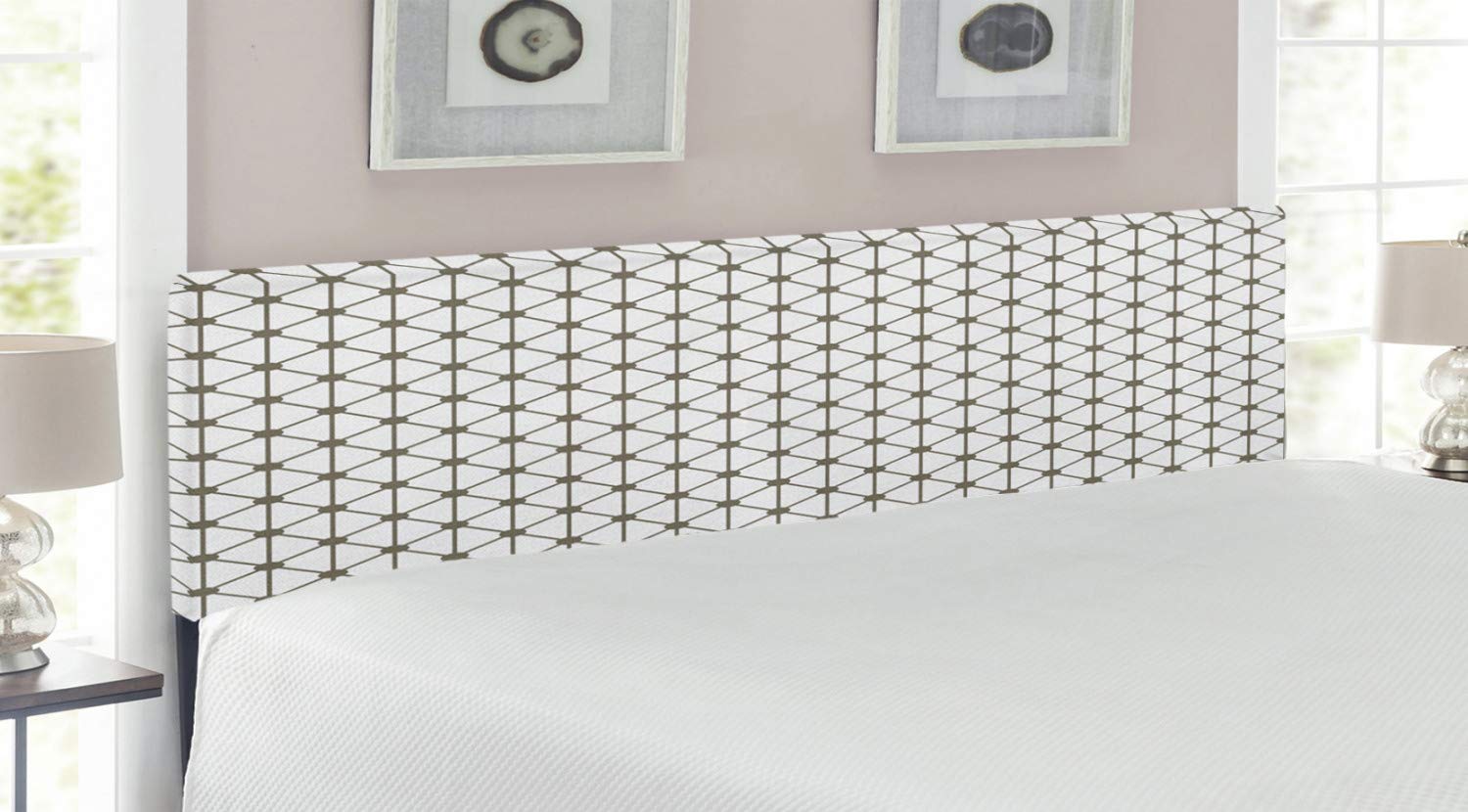 Ambesonne Modern King Size Upholstered Headboard with Memory Foam - Geometric Diamond Square Striped Crosses & Dots Print in Sage Green & White - Decorative Metal Bed Headboard for Master Bedroom, Guest Room & Home Decor