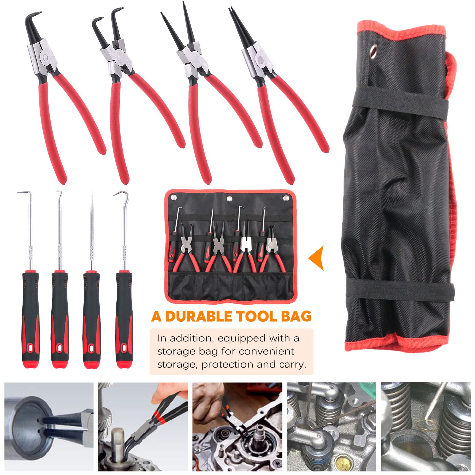 8Pcs Heavy Duty Snap Ring Pliers Set - 9 Inch Internal & External Circlip Pliers with Straight & Bent Jaw for Automotive, Machinery, and DIY Repairs - Perfect for Ring Removal and Retaining Clip Maintenance
