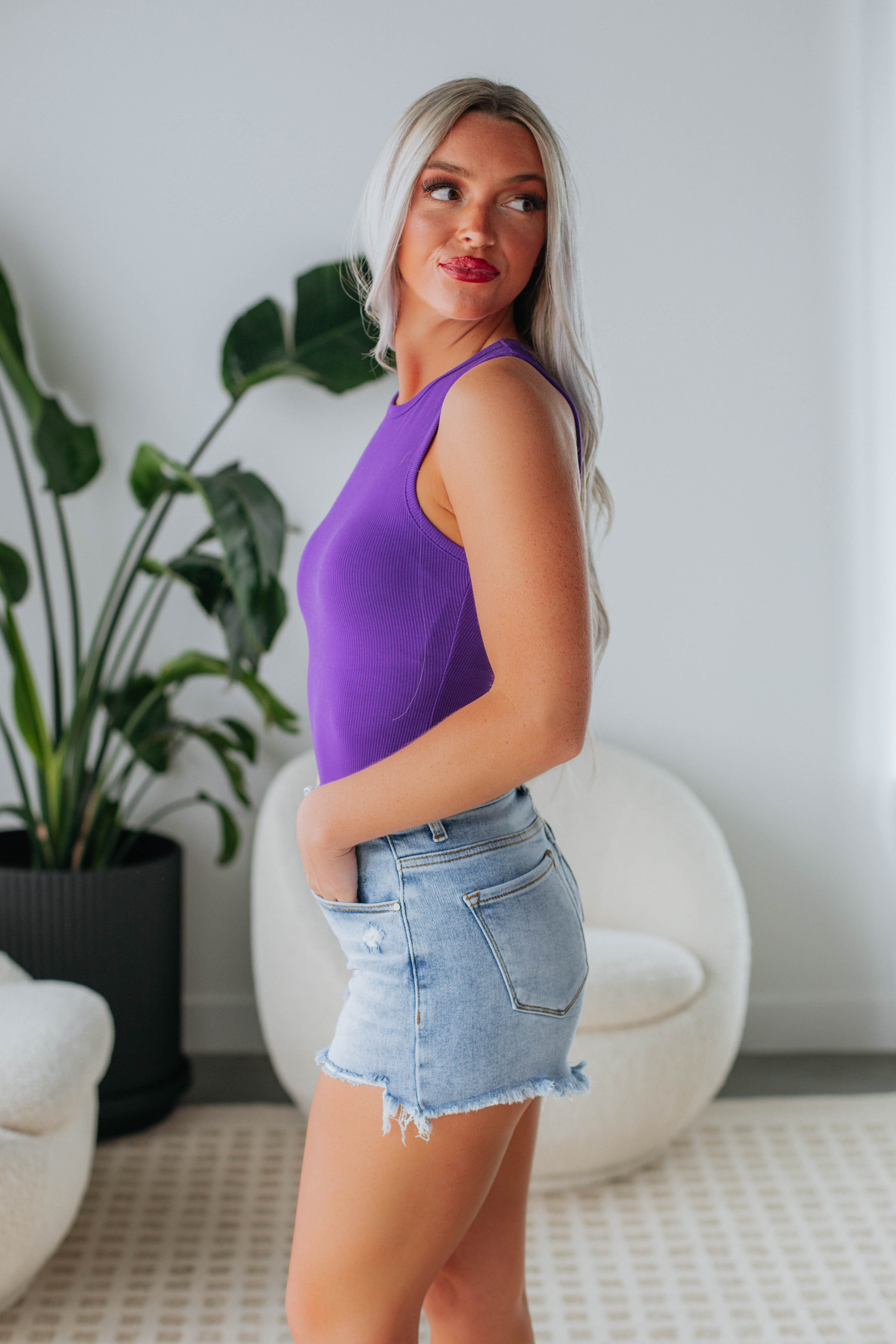 April Ribbed Bodysuit for Women - Stretchy Violet Long Sleeve Bodycon Top for Layering or Standalone Wear | Perfect for Date Night, Office Outfits & Casual Everyday Style