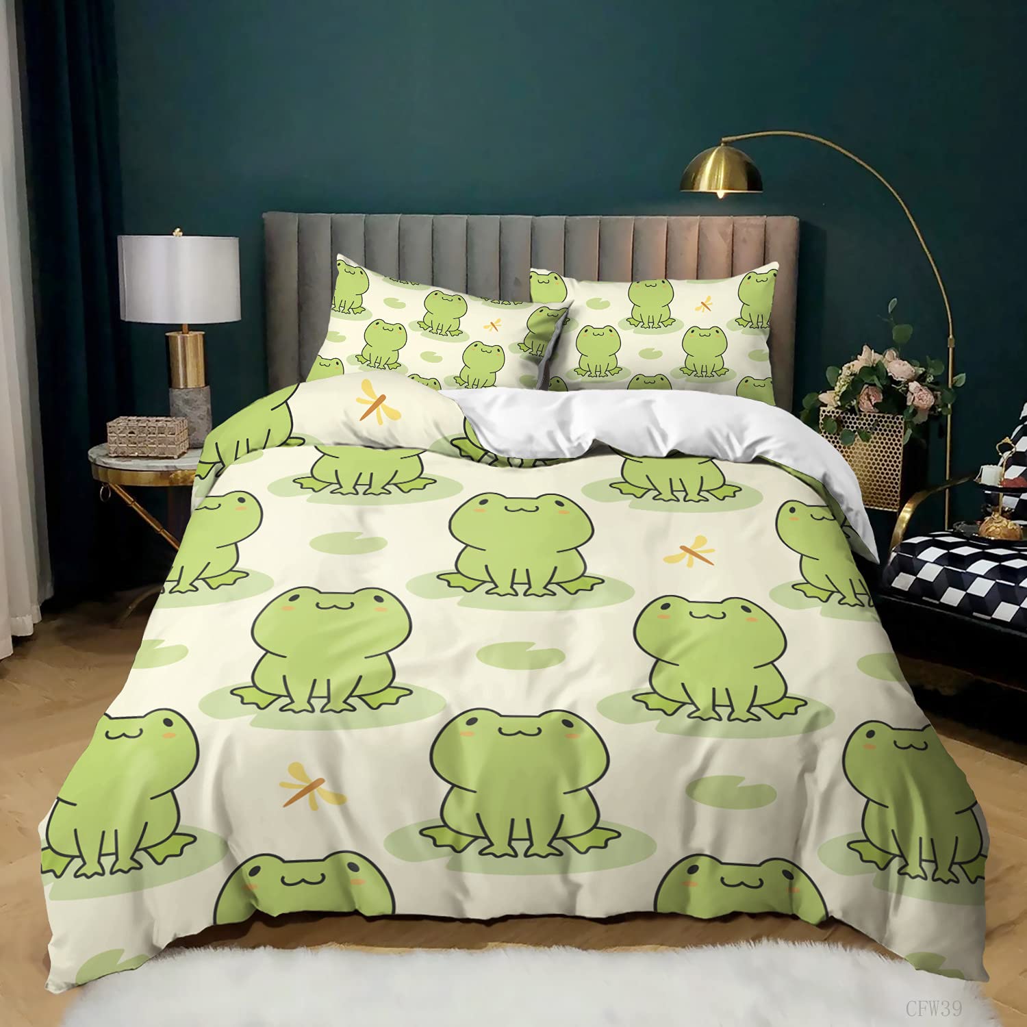 Cartoon Frog Pattern Kids Comforter Cover Set - Soft Luxury Microfiber Duvet Cover with 2 Pillowcases for Boys Girls Bedroom Decor (Twin 68x86 Inches, Green) - Perfect for Kids Teens Bedroom, Nursery, Sleepovers & Cozy Home Decor