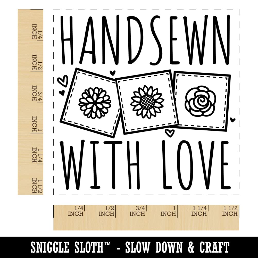 Handsewn with Love Flower Quilt Blocks Sewing Crafts Self-Inking Rubber Stamp - 1.5 Inch Large Stamp with Black Ink - Perfect for Scrapbooking, Card Making & DIY Projects