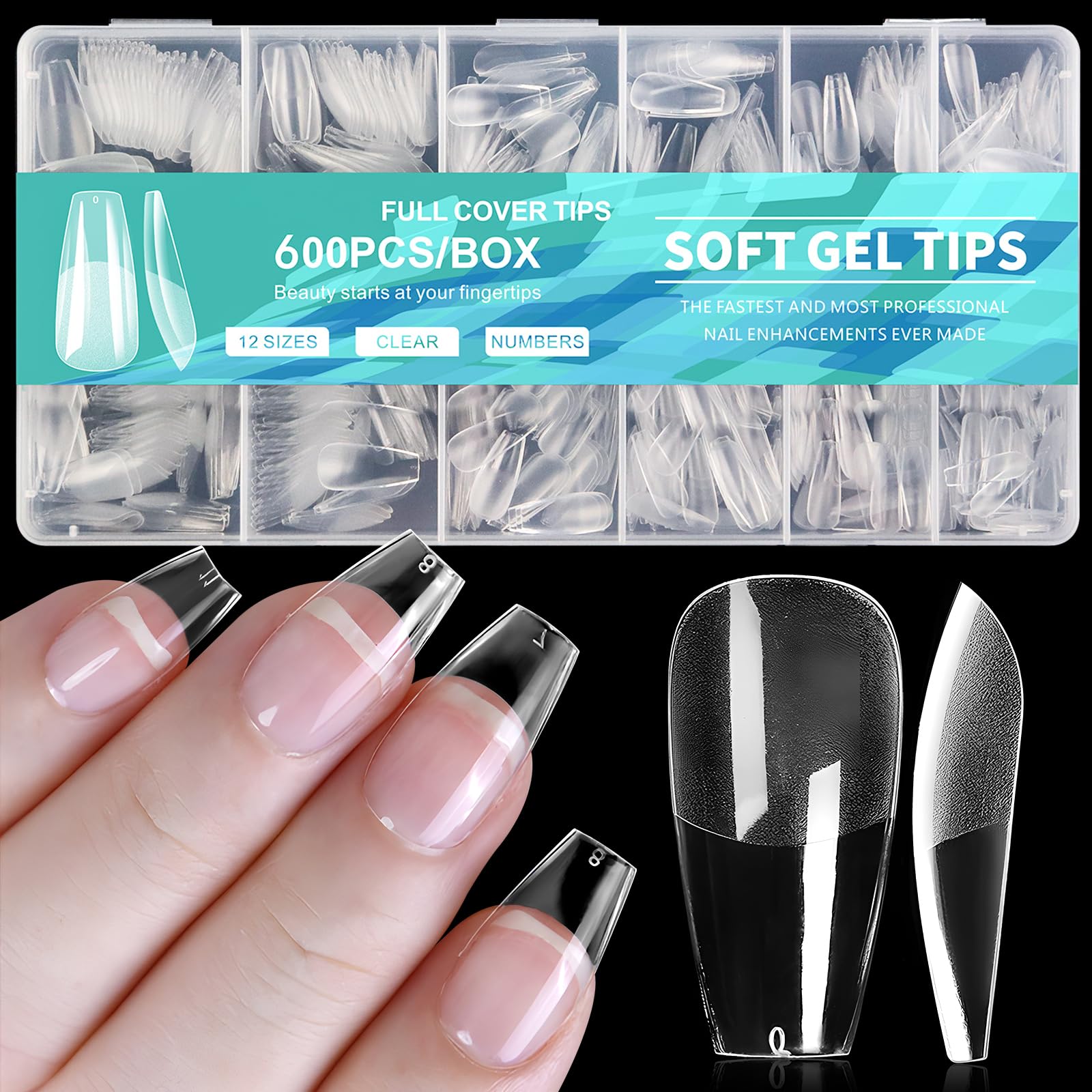 AddFavor 600pcs Clear Coffin Nail Tips - Medium Soft Gel Ballerina Full Cover Acrylic Fake Nails for Extension, Manicure Salon & Home DIY - Perfect for Parties, Weddings & Everyday Nail Art