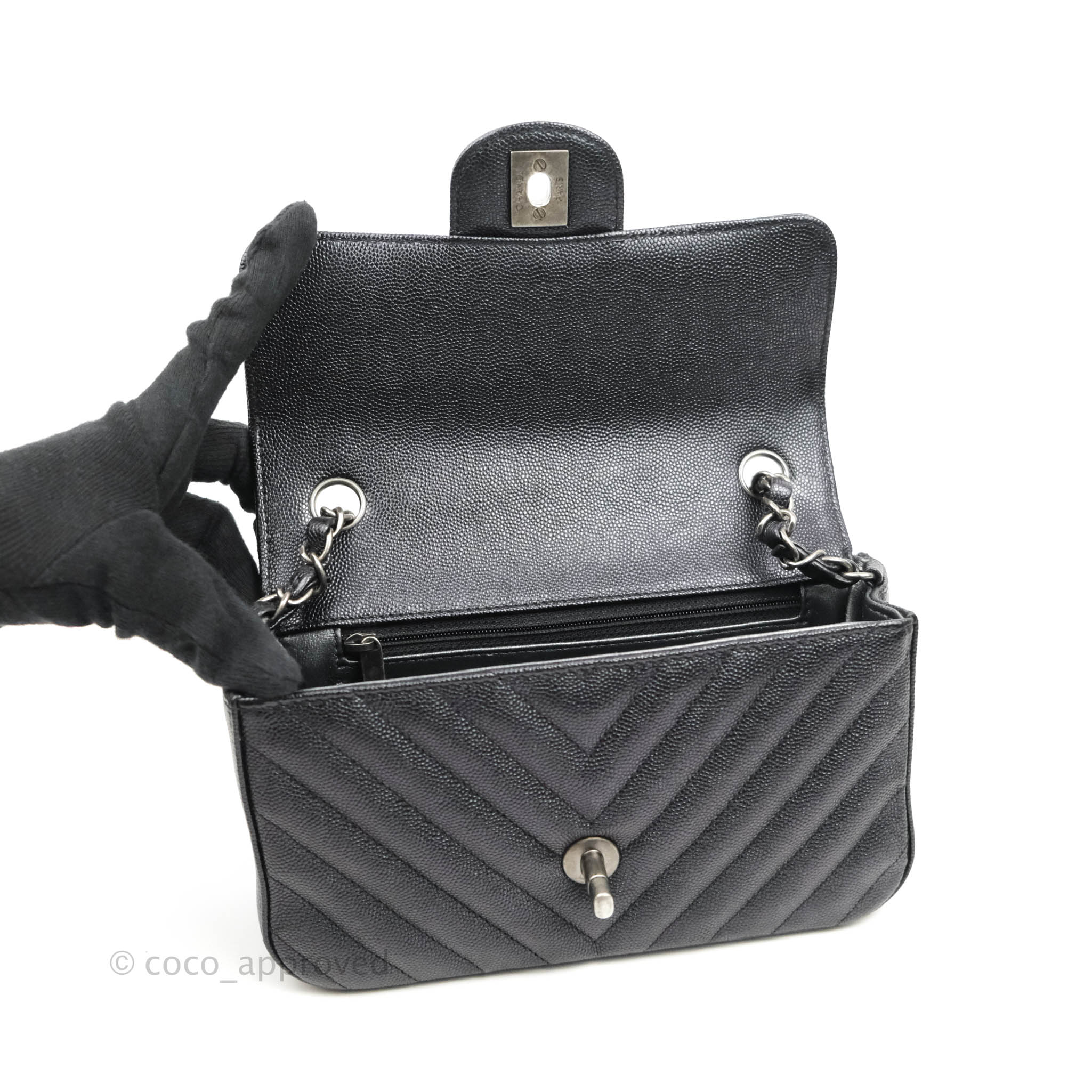Chanel Chevron Mini Rectangular Flap Bag in Iridescent Black Caviar Leather with Ruthenium Hardware - Perfect for Evening Events, Parties & Luxury Fashion Accessories