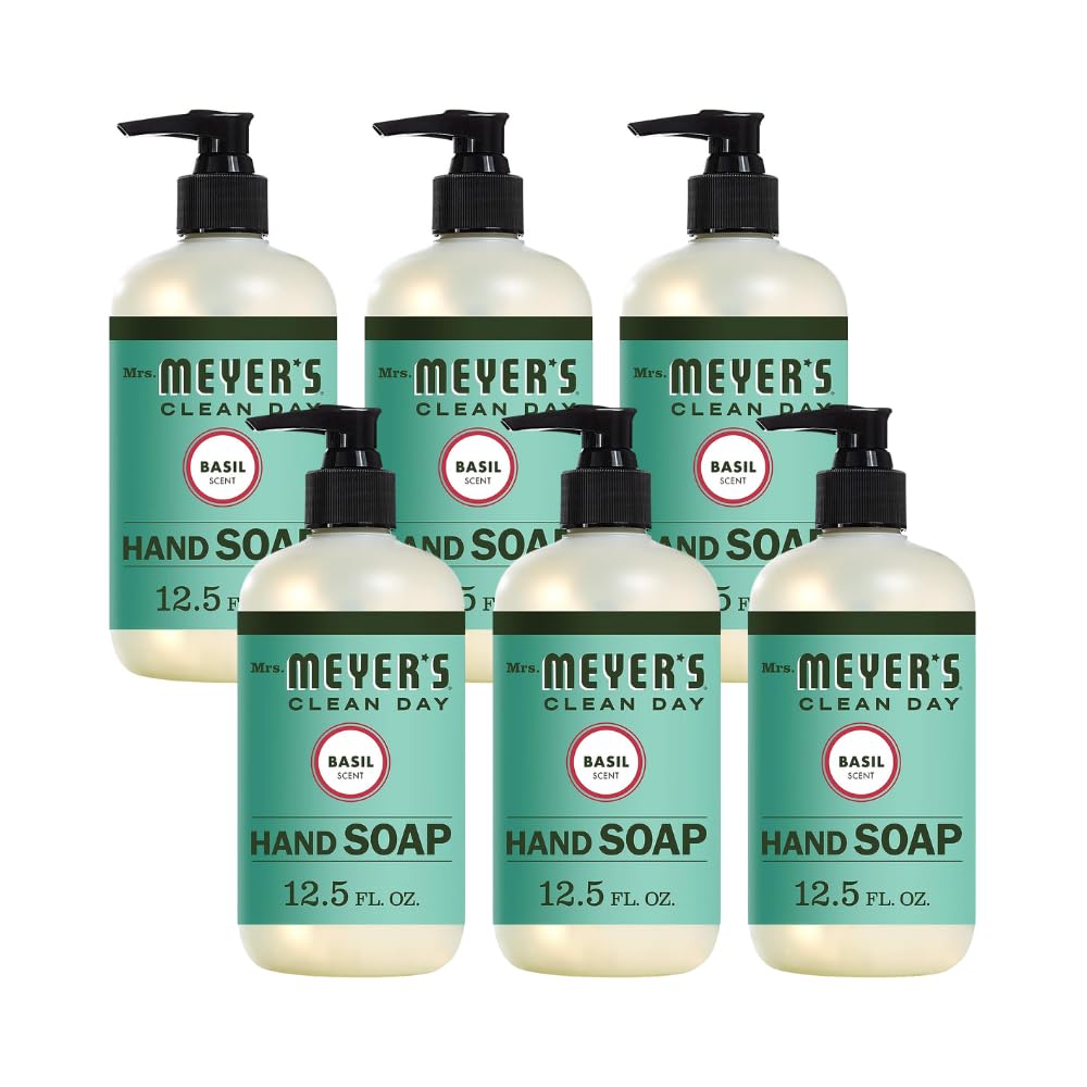 Mrs. Meyer's Clean Day Liquid Hand Soap - Basil Scent, 12.5 oz (Pack of 6) | Natural & Plant-Derived Ingredients | Perfect for Kitchen, Bathroom & Office Use