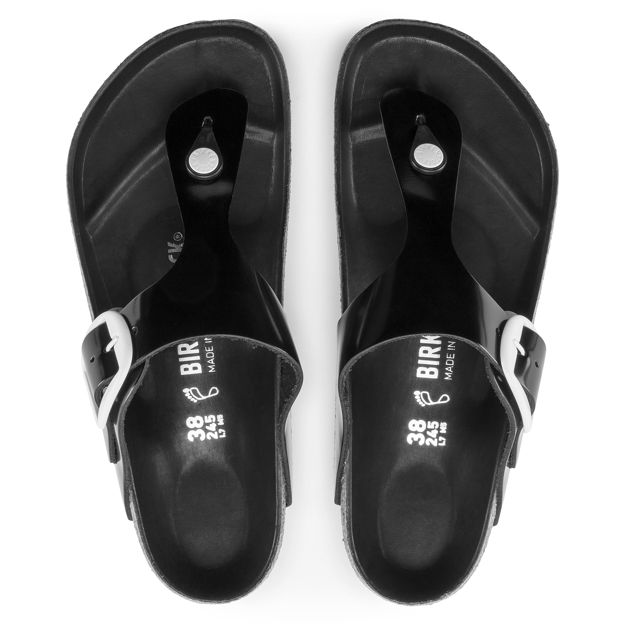 Birkenstock Gizeh Big Buckle Sandals - High Shine Black & White Leather - Comfortable Women's Flip Flops for Summer, Beach & Casual Wear