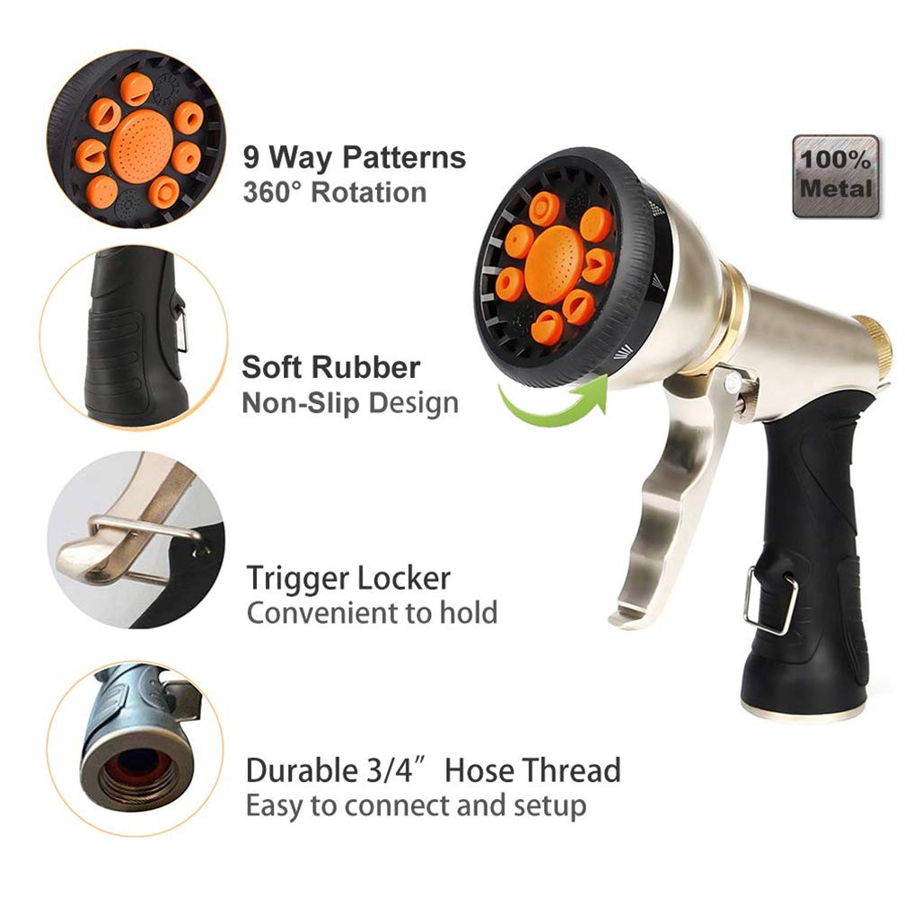 Heavy Duty Metal Garden Hose Nozzle Spray Gun - 9 Adjustable Watering Patterns, High Pressure Water Sprayer with Comfort Grip - Perfect for Car Washing, Lawn Watering, Pet Bathing, and Outdoor Cleaning