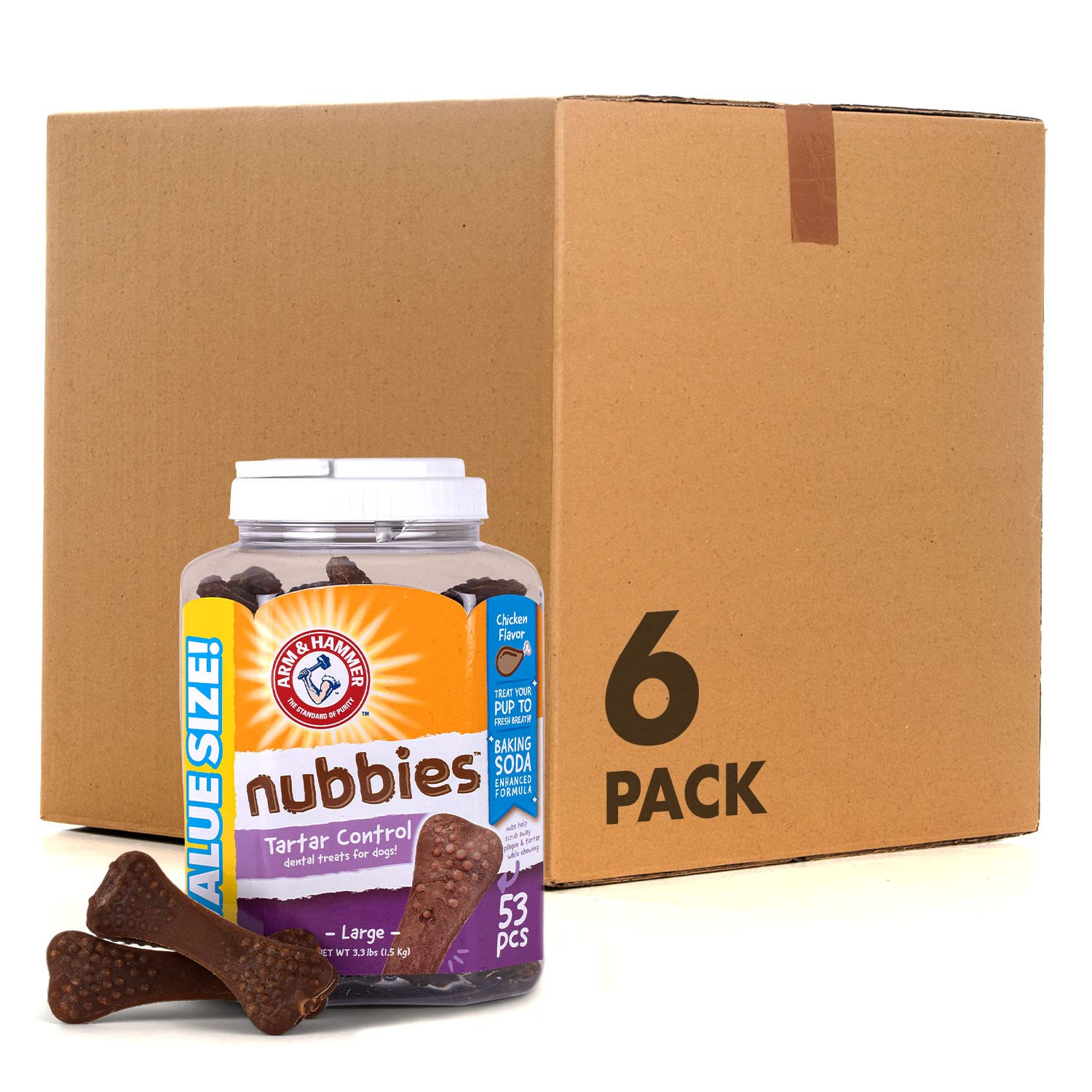 Arm & Hammer for Pets Nubbies Dental Treats for Dogs - Chicken Flavor Dental Chews to Fight Bad Breath, Plaque & Tartar Without Brushing - 53 Pcs Value Bucket (Pack of 6) | Perfect for Daily Oral Care & Fresh Breath at Home or Travel