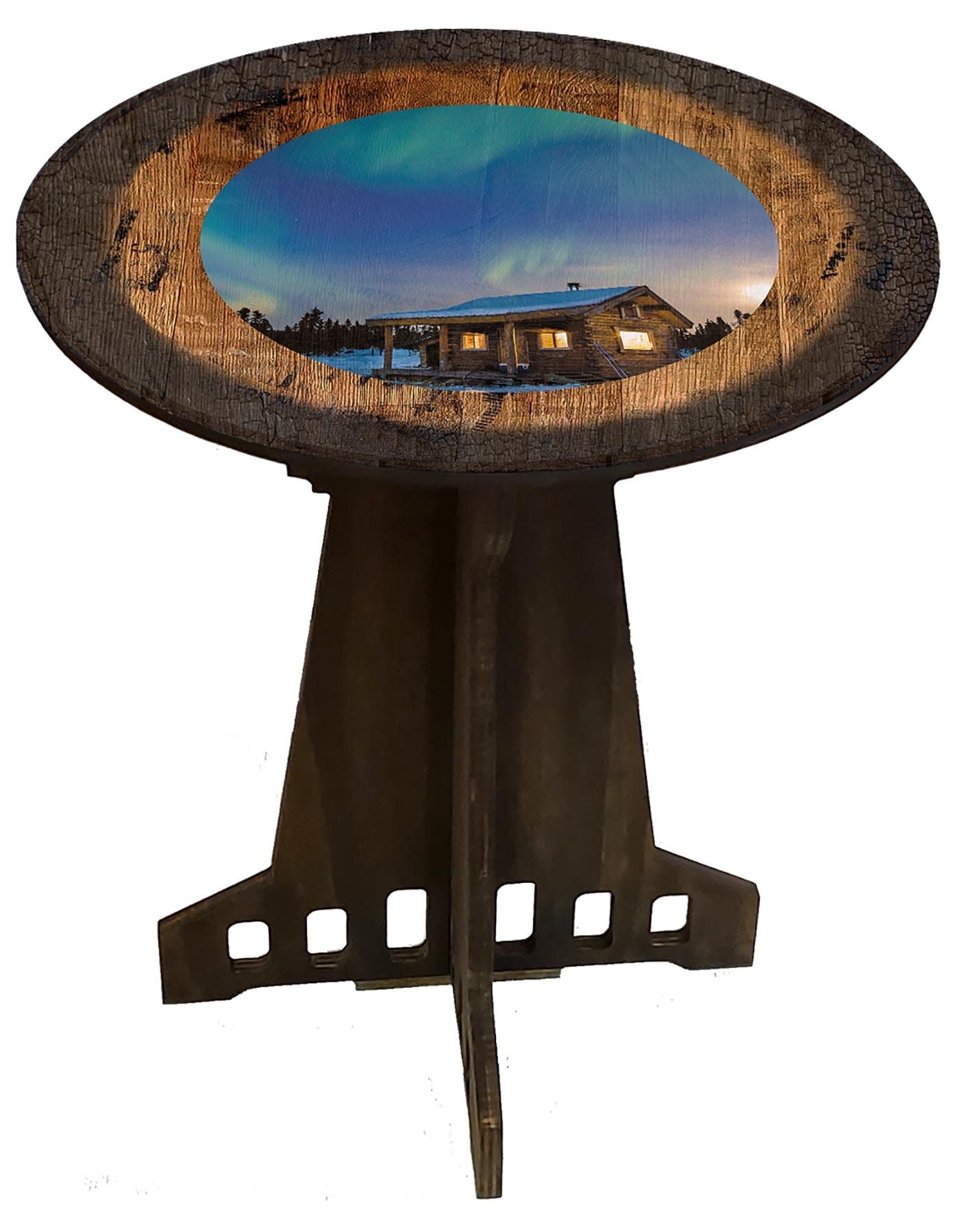 Rustic Round Wood Side Table - Farmhouse End Table with PS Prints | Perfect for Country Cabins, Living Rooms & Bedrooms