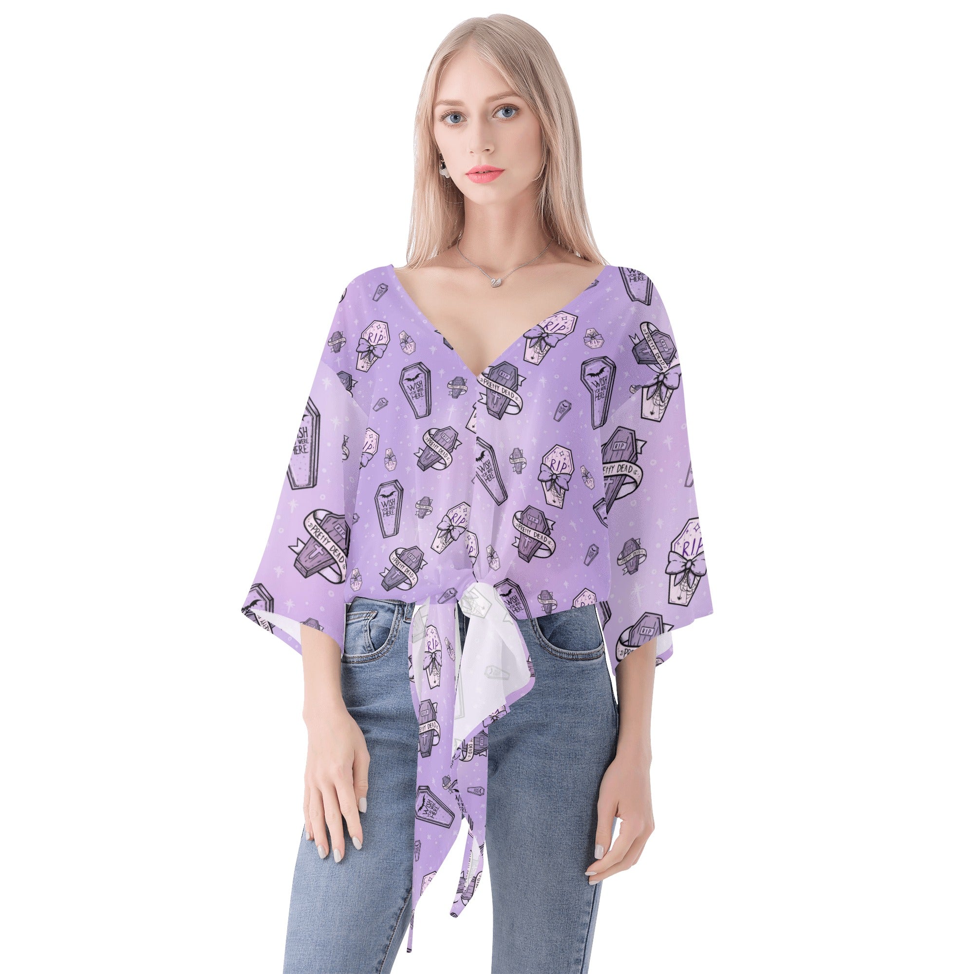 Elegant Purple V-Neck Blouse for Women - Gothic Coffin Print Streamer Top for Cosplay, Halloween & Gothic Fashion