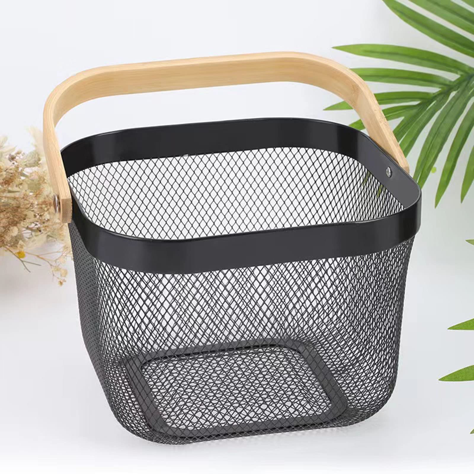 2 Pack Black Metal Mesh Steel Baskets with Wood Handles - Multi-Purpose Storage Organizer for Kitchen, Bathroom, Picnic & Home Decor - Perfect for Fruits, Vegetables, Spices & Household Items