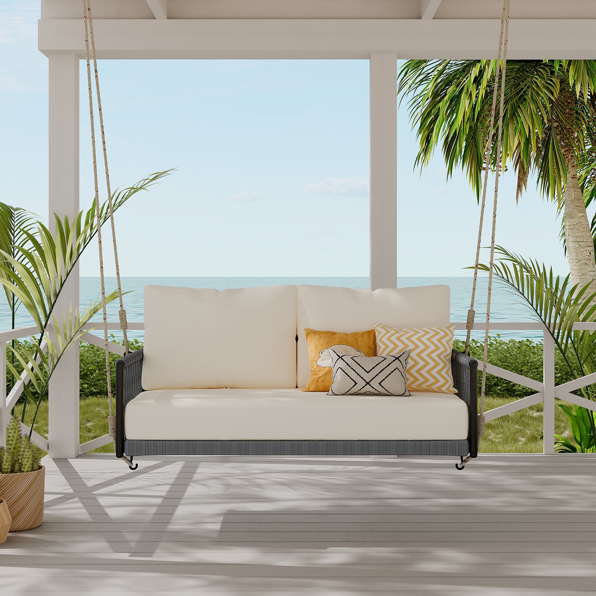 1 Piece Woven Rope Outdoor Swing Sofa with Soft Cushions - Seats 2 People - Perfect for Patio, Garden, Balcony & Backyard Relaxation (Beige) | Weather-Resistant Hanging Chair for Porch, Poolside & Outdoor Living Spaces
