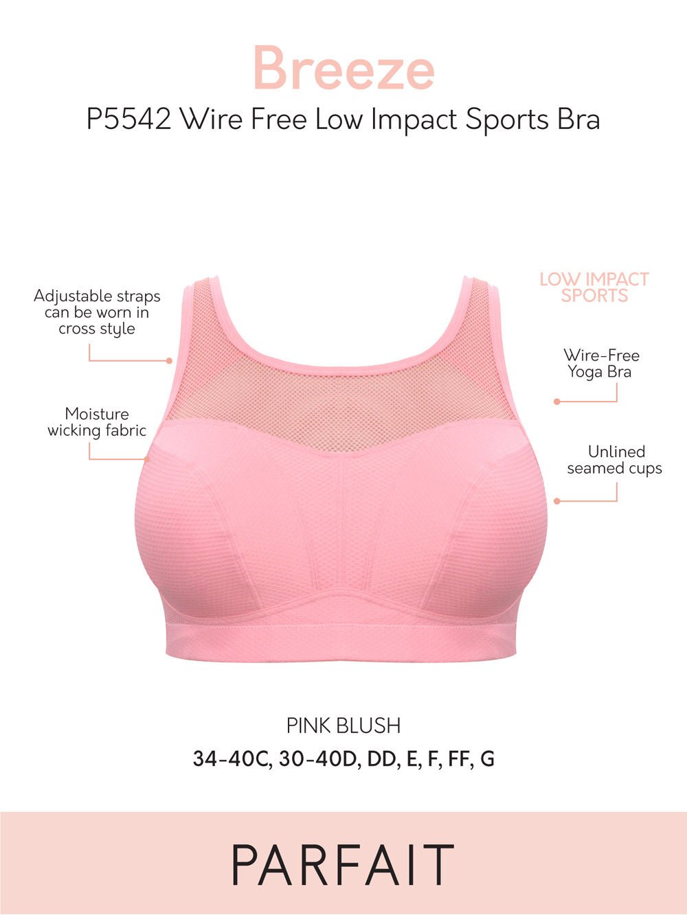 Wire-Free Low Impact Sports Bra for Women - Parfait Breeze in Pink Blush | Perfect for Yoga, Running & Gym Workouts