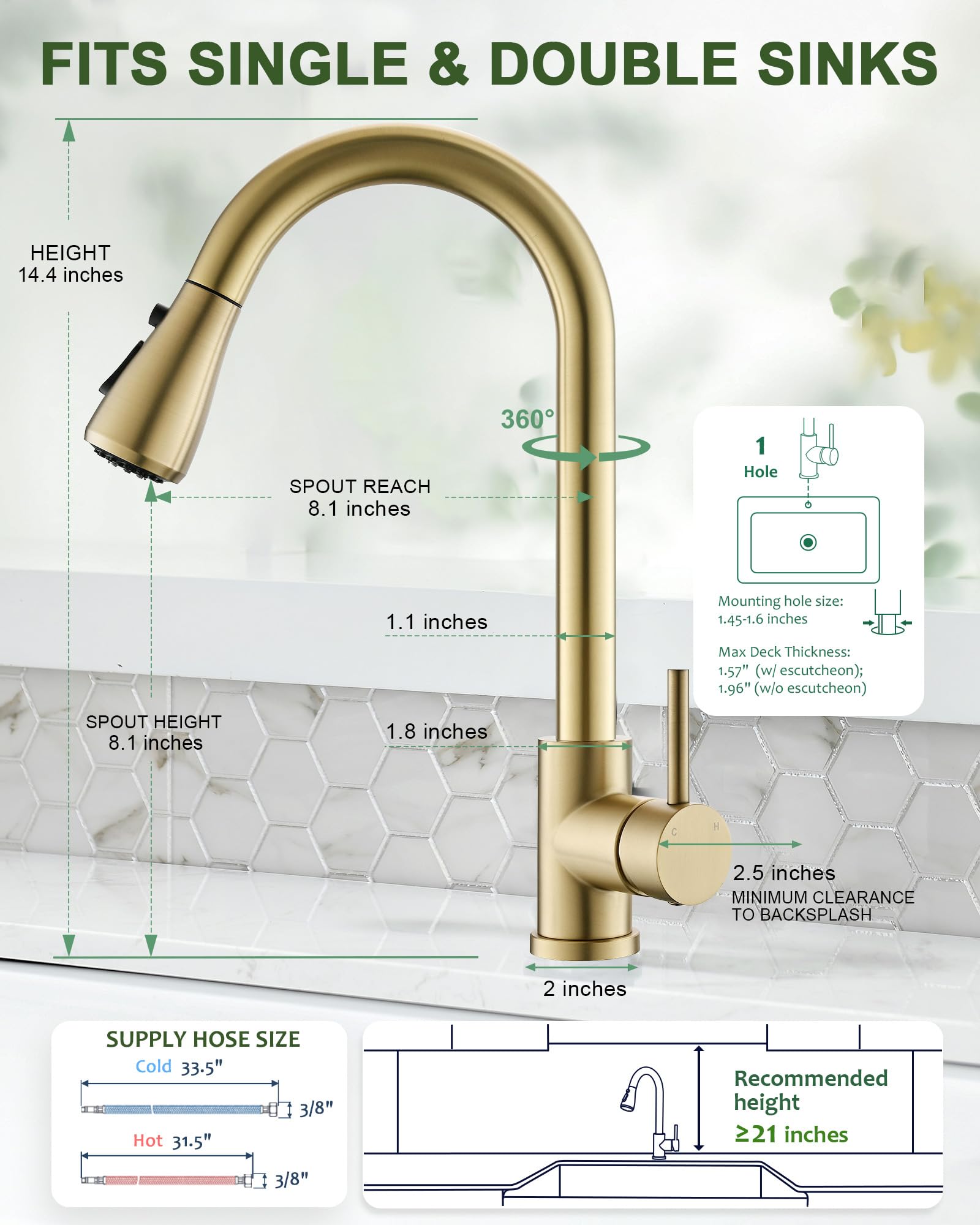 Premium Brushed Gold Single Hole Kitchen Faucet with Pull Down Sprayer - Stainless Steel Gooseneck Design for Modern Farmhouse, RV, Camper & Commercial Sinks - Perfect for Bar Prep, Dishwashing & Small Space Kitchens