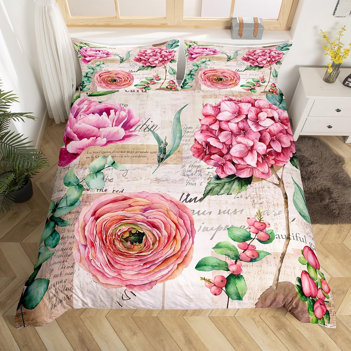 Manfei Pink Floral Duvet Cover Set Twin Size - Watercolor Flower Leaves Comforter Cover with 1 Pillowcase, Vintage Letter Bedding 2pc Set for Kids Boys Girls Bedroom Decor | Botanical Bedspread for Cozy Sleep & Charming Room Aesthetic