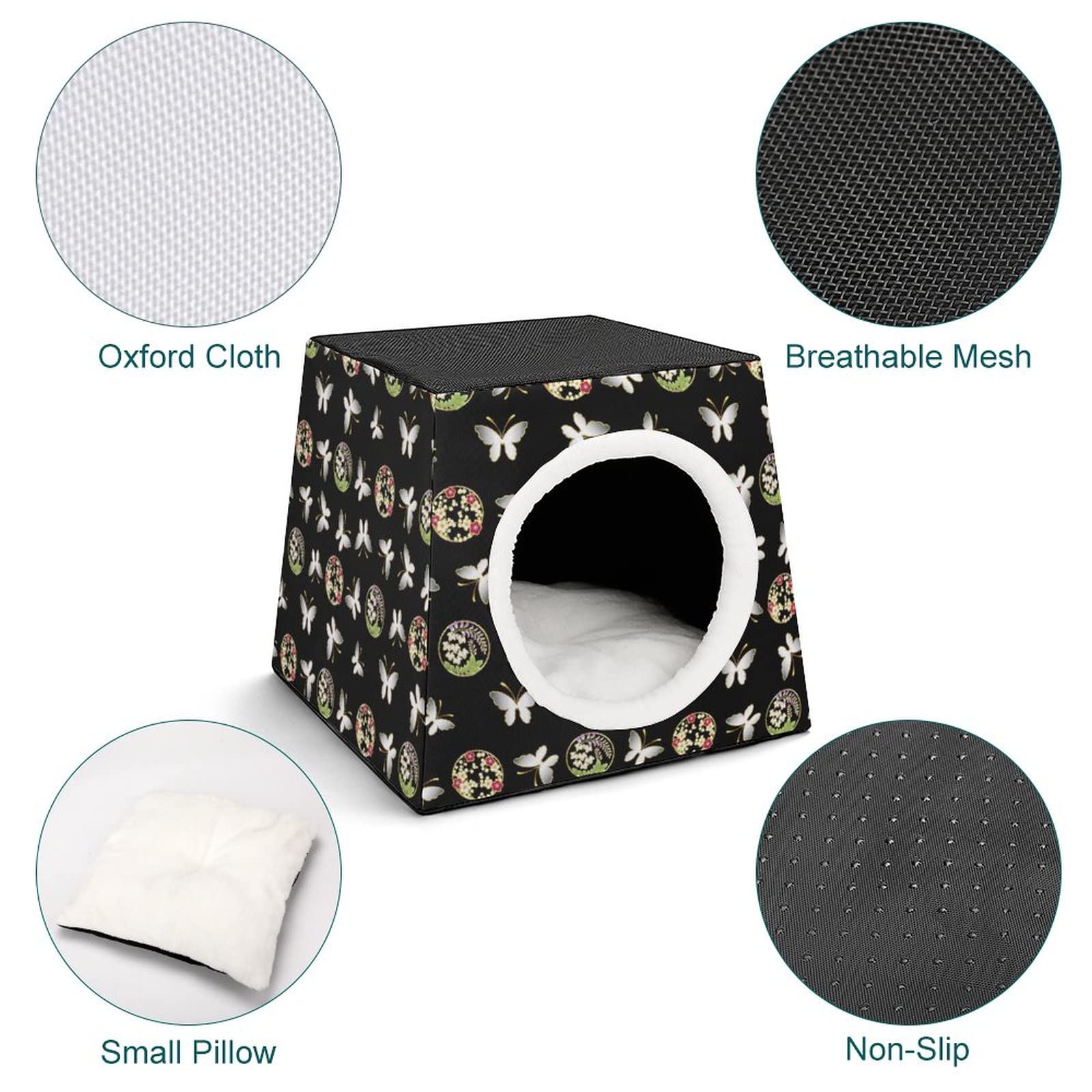 3-in-1 Foldable Cat House, Bed & Sofa with Removable Cushion - Butterfly Black Retro Style Cat Shelter & Scratching Toy for Indoor Cats - Perfect for Living Room, Bedroom or Pet Corner