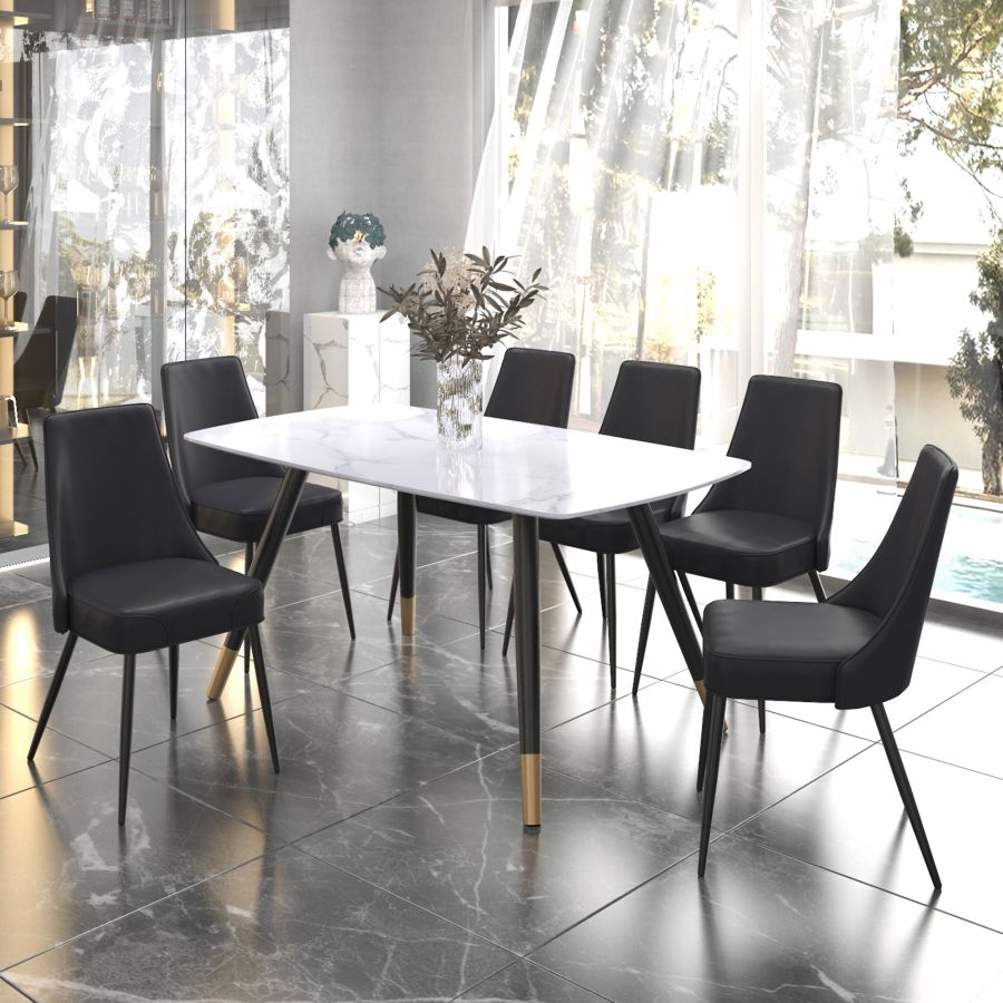 Emery/Koda 7-Piece White Dining Table Set with Black Chairs - Perfect for Small Spaces, Apartments & Modern Kitchens