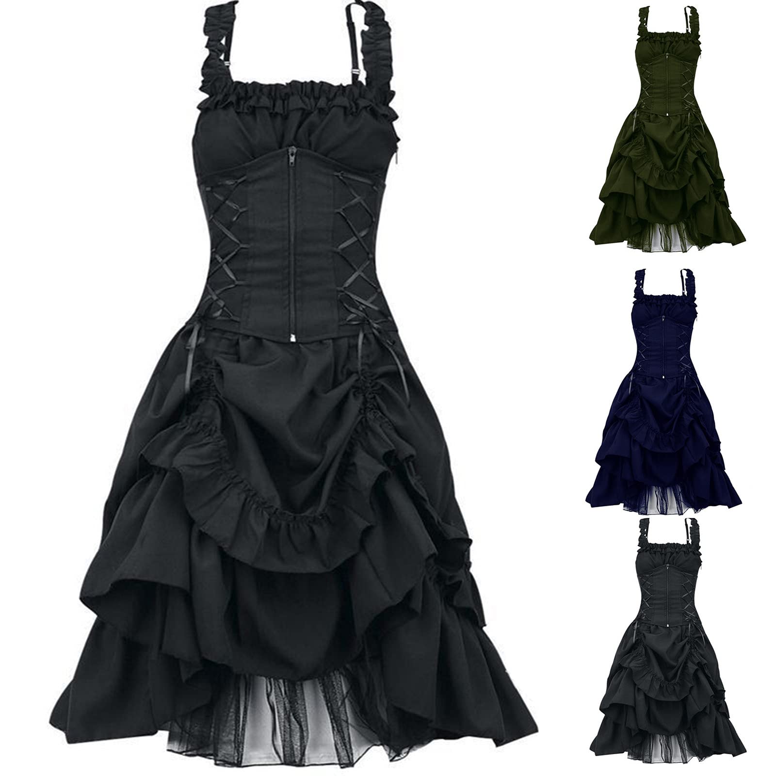 Gothic Steampunk Dress for Women - Victorian Square Neck Sleeveless Ruffle Dress | Halloween Costume, Masquerade Ball Gown, Cosplay Outfit | Perfect for Gothic Parties, Renaissance Fairs & Themed Events