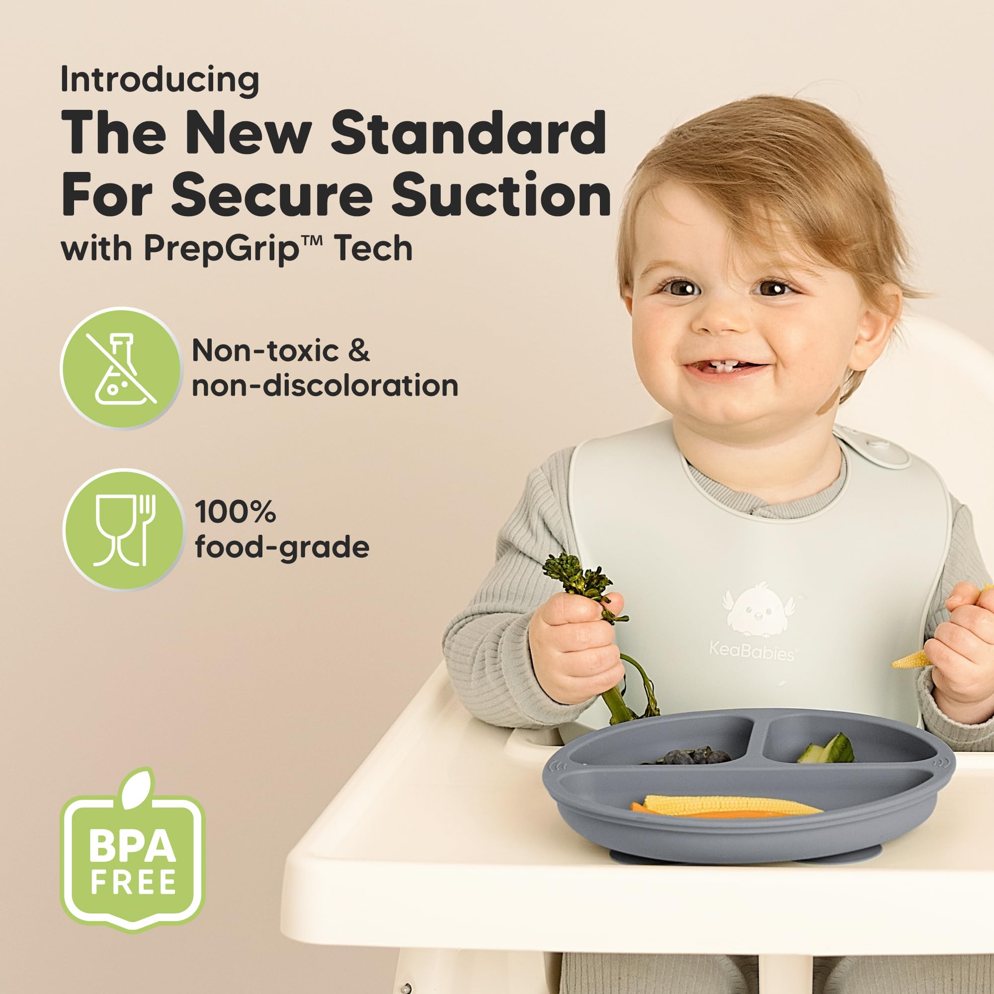 KeaBabies 3-Pack Silicone Suction Plates for Babies & Toddlers - BPA-Free, Microwave & Dishwasher Safe Divided Baby Plates with Strong Suction | Perfect for High Chairs, Travel & Mess-Free Mealtime (Slate)