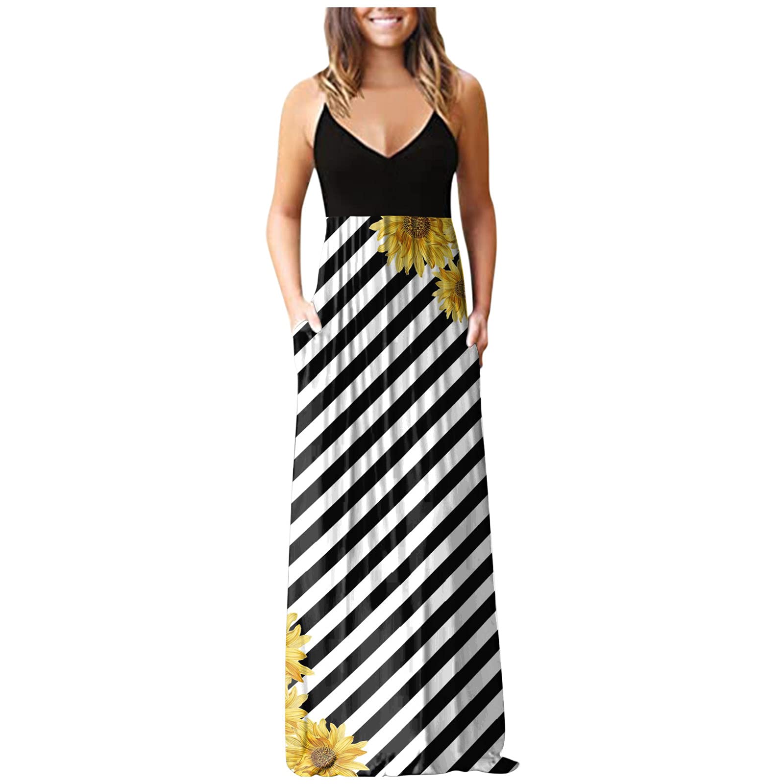 Women's Floral Print Sleeveless Maxi Dress with Pockets - Casual Loose Beach Dress for Summer Vacation, Pool Party & Boho Outfit