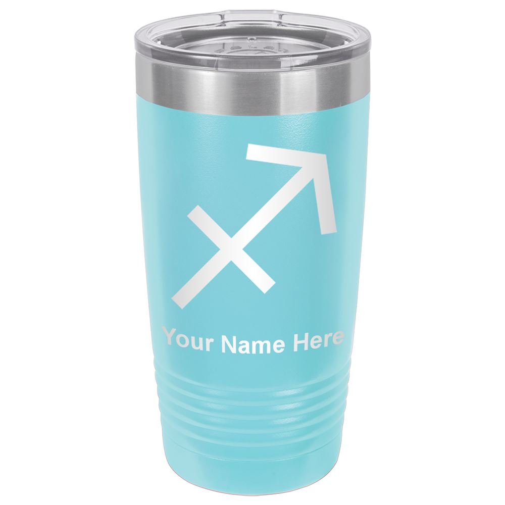 LaserGram 20oz Vacuum Insulated Stainless Steel Tumbler Mug - Custom Zodiac Sign Sagittarius Engraved, Leakproof Travel Coffee Cup with Lid & Straw, Perfect for Office, Gym & Outdoor Activities (Light Blue)