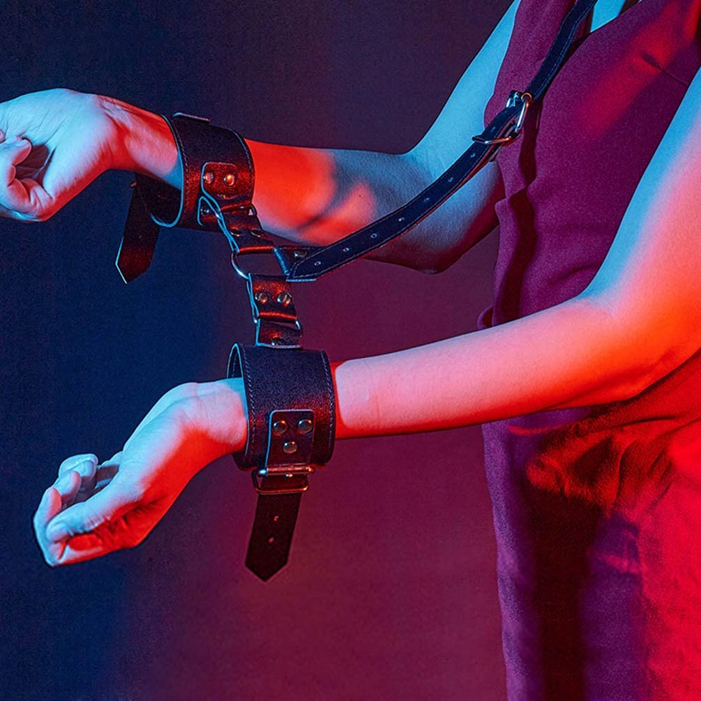 Premium Faux Leather BDSM Collar & Handcuffs Set - Adjustable Restraint Harness Choker with Wristbands for Couples Roleplay, Bondage Sex Games (Perfect for Valentine's Day, Bachelorette Parties & Spicy Bedroom Adventures)