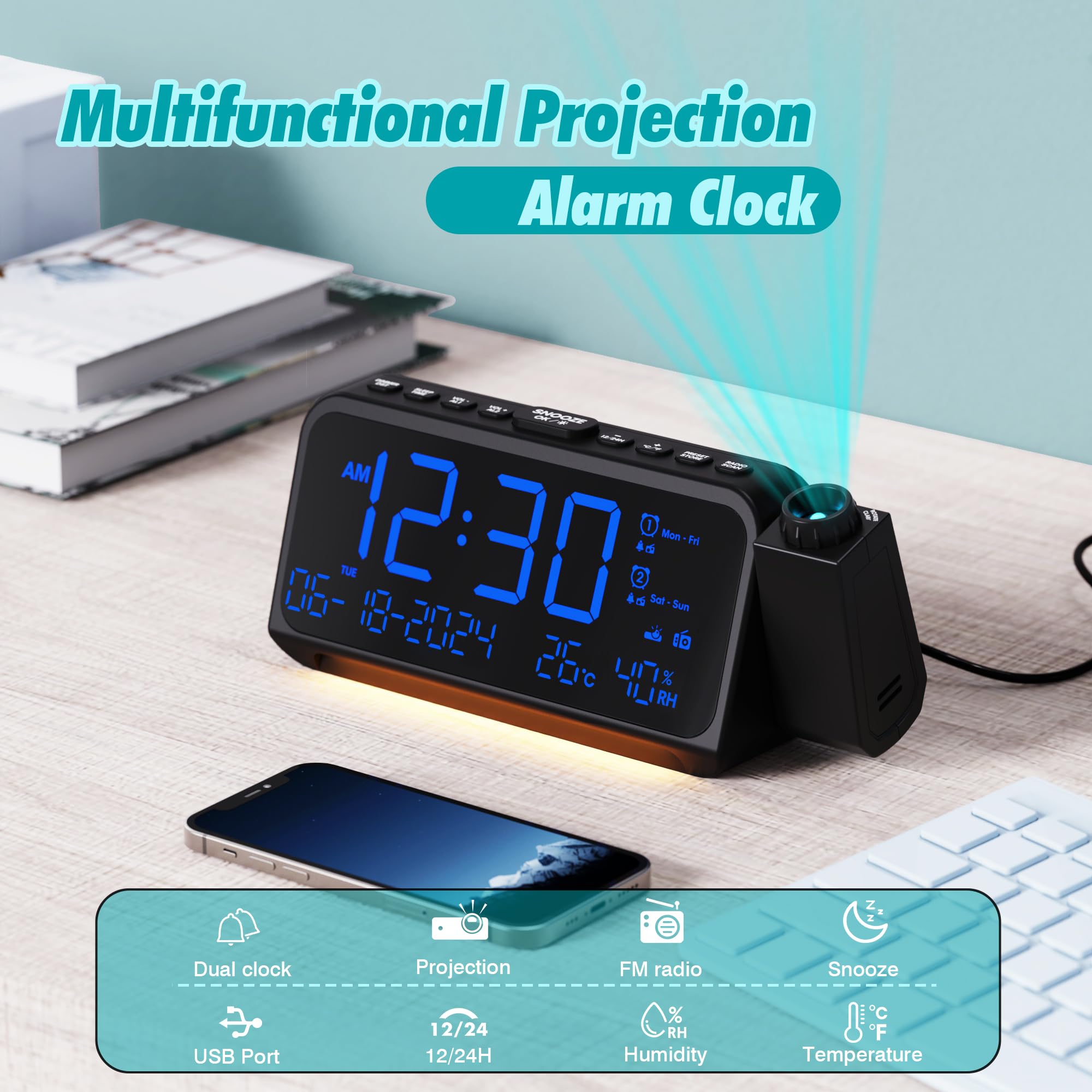 LED Projection Alarm Clock with FM Radio, Digital Clock with Dual Alarm, Adjustable Night Light, Temperature & Humidity Display, 5-Level Dimmer & USB-C Charging - Perfect for Bedroom, Office, and Travel Use
