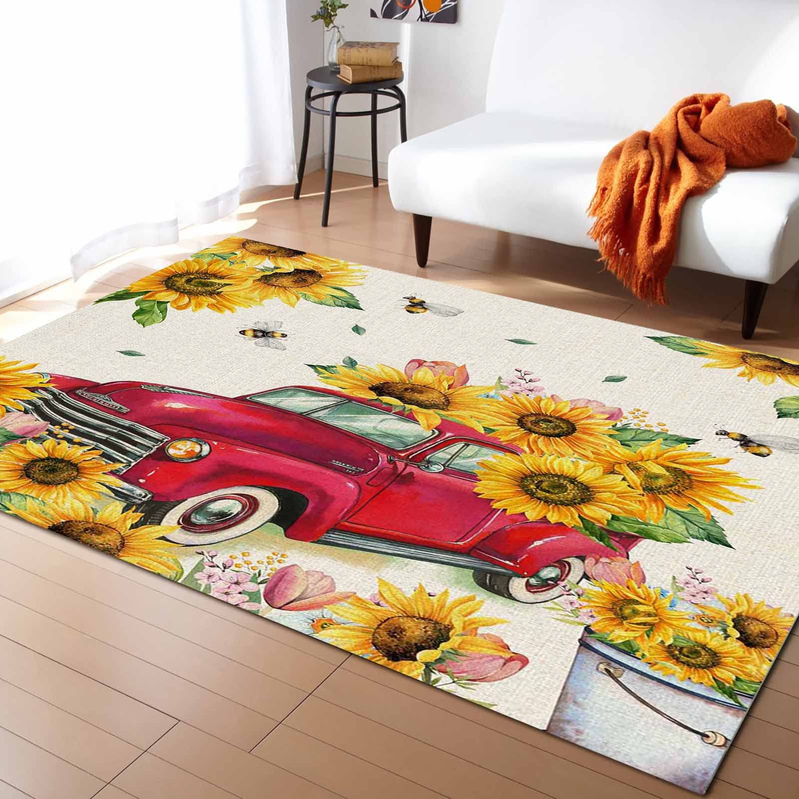 5' x 7' Modern Floral Area Rug - Non-Slip Indoor Outdoor Rug for Living Room, Bedroom, Kitchen, Porch | Spring Red Truck & Sunflower Design | Durable Floor Mat for Home Decor, Front Door, Bath Mat & Runner - Perfect for Summer Sunshine Decorations