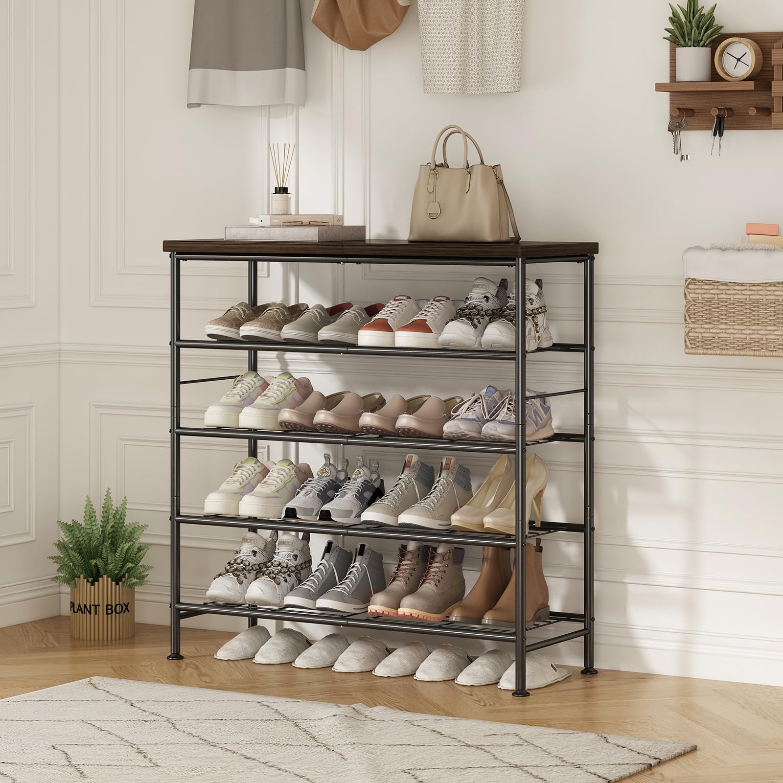 5-Tier Metal Shoe Rack Organizer with MDF Top - Free Standing Closet & Entryway Storage Shelf (Black/Rustic Brown) | Space-Saving Shoe Storage for Home, Office & Mudroom Organization