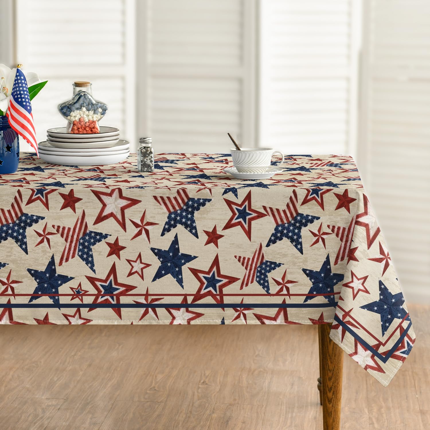 Horaldaily 4th of July Patriotic Tablecloth 60x84 Inch - Red White Blue Star American Flag Design Washable Rectangular Table Cover for Independence Day, Memorial Day, BBQ, Picnic & Outdoor Party Decor