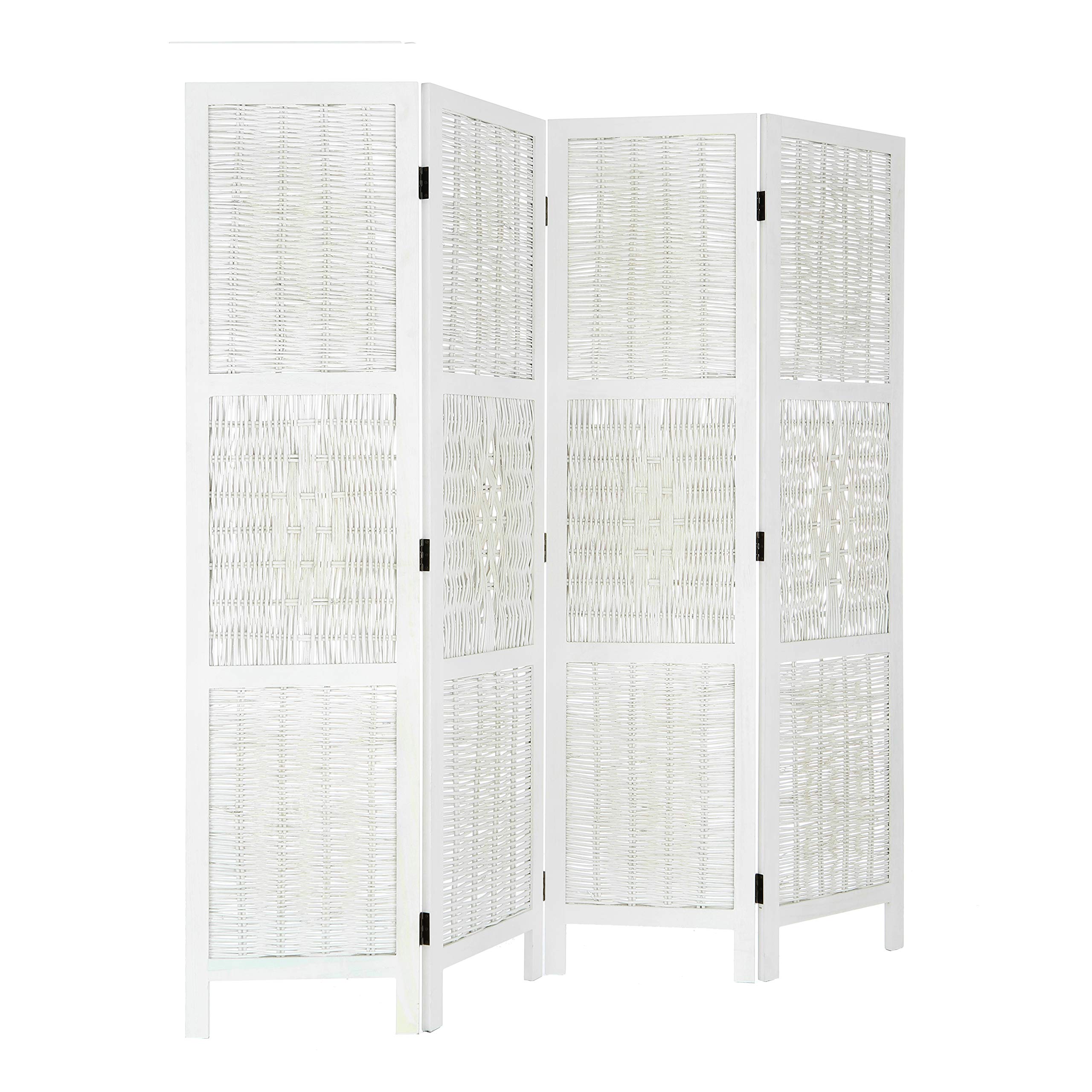 Antique White Wicker Wood Room Divider - 4 Panel Screen for Home Decor