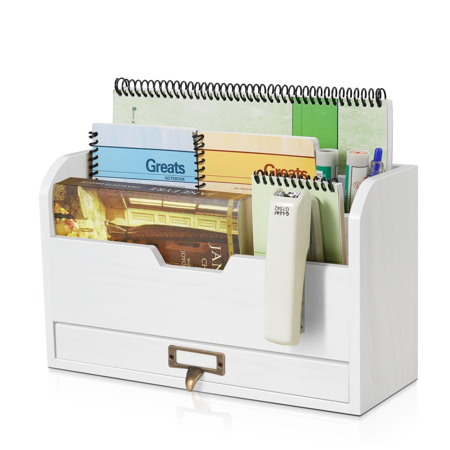 Flexzion 3-Tier Wooden Desk Organizer - Rustic Mail Sorter with Storage Drawer, Countertop File Tray & Pencil Holder for Home Office Organization | Perfect for Bills, Letters, Office Supplies & Workspace Decluttering (Beige Wood)