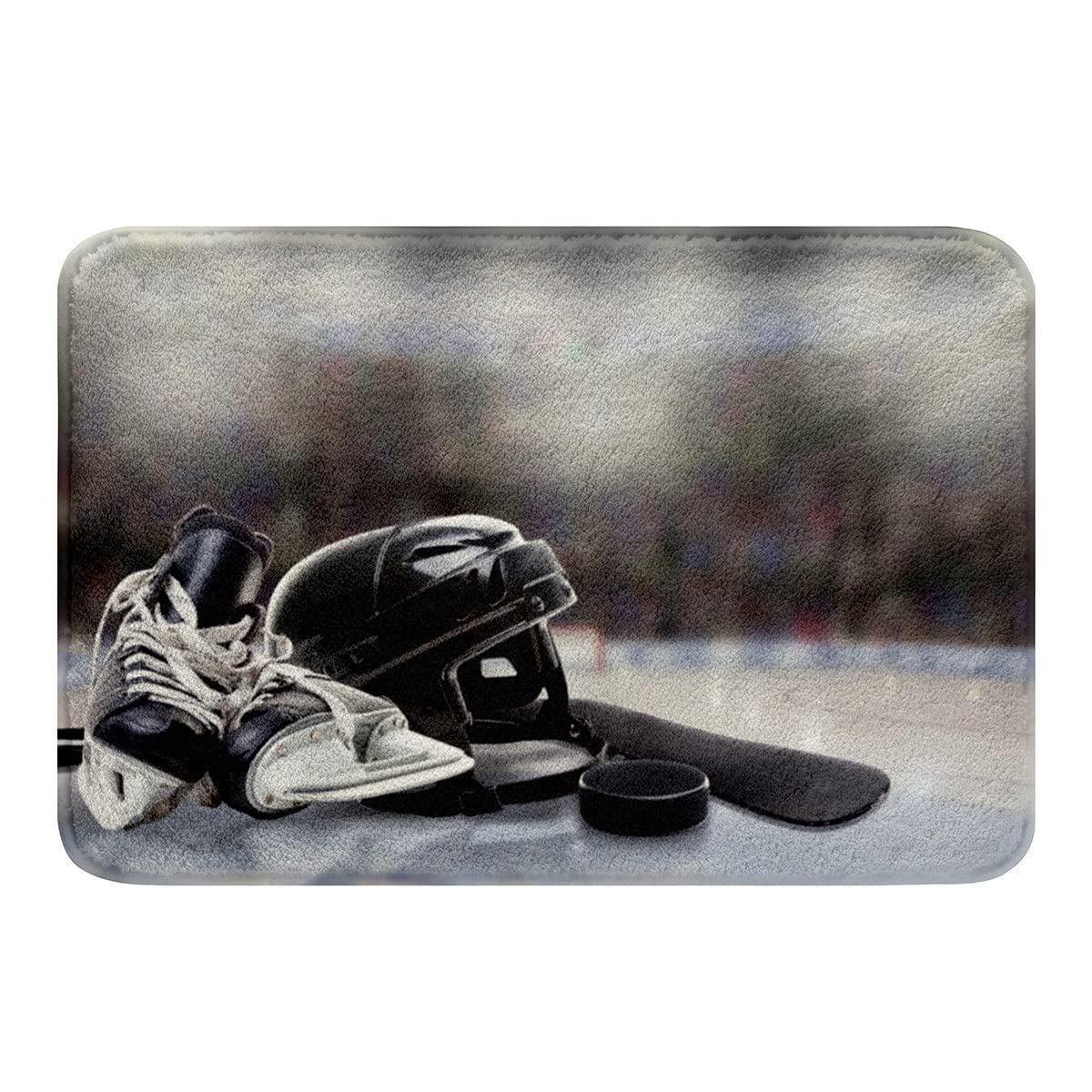 Non-Slip Boys Ice Hockey Bathroom Rug - Soft Water Absorbent Fleece Bath Mat with Helmet & Skates Design - 16x24 Inch Winter Sports Decor for Kids' Room, Kitchen Entryway, Bedroom & Shower
