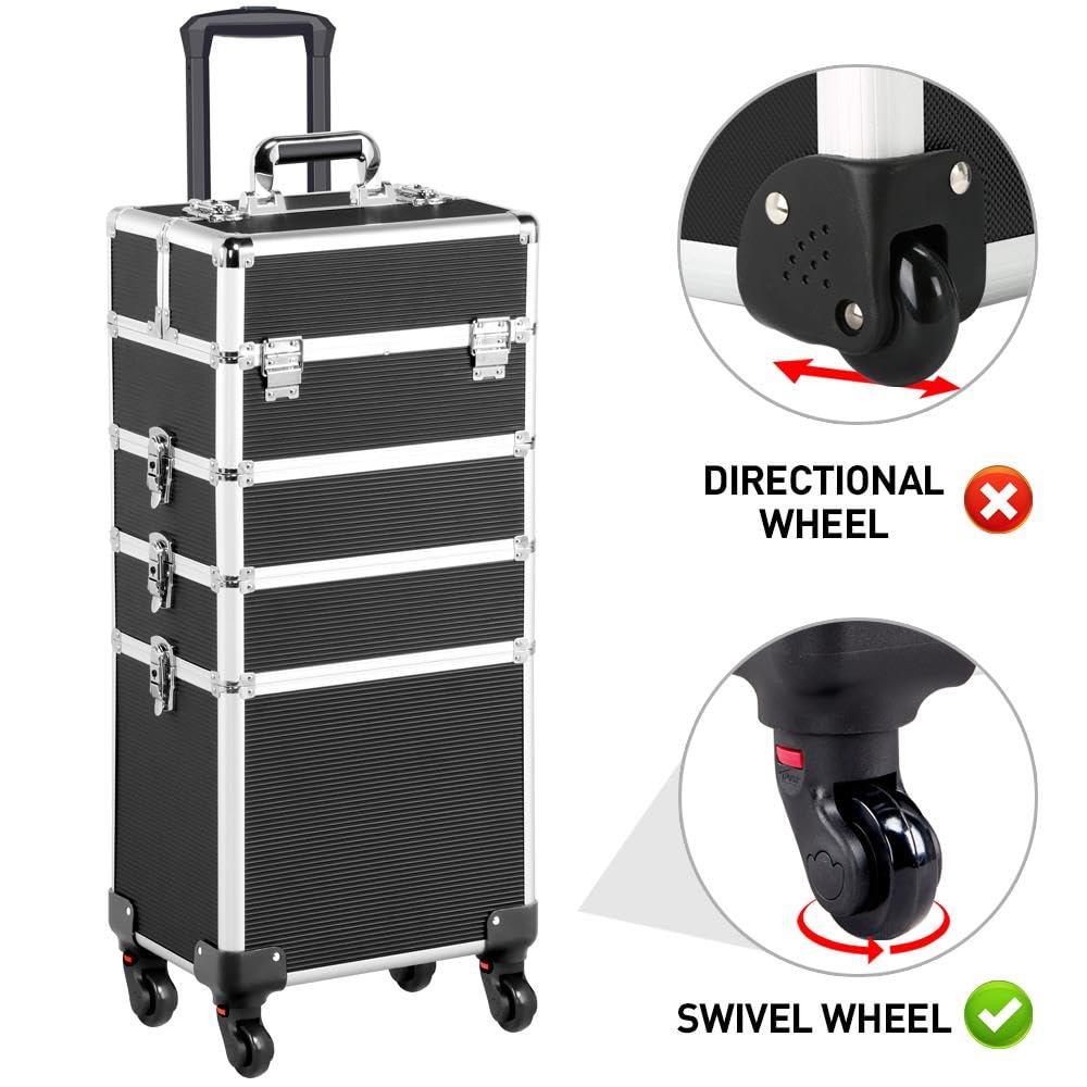Topeakmart 4-in-1 Professional Rolling Makeup Case - Large Cosmetic Train Case & Travel Makeup Organizer with Removable Wheels (Black) | Perfect for Makeup Artists, Travel & Salon Storage