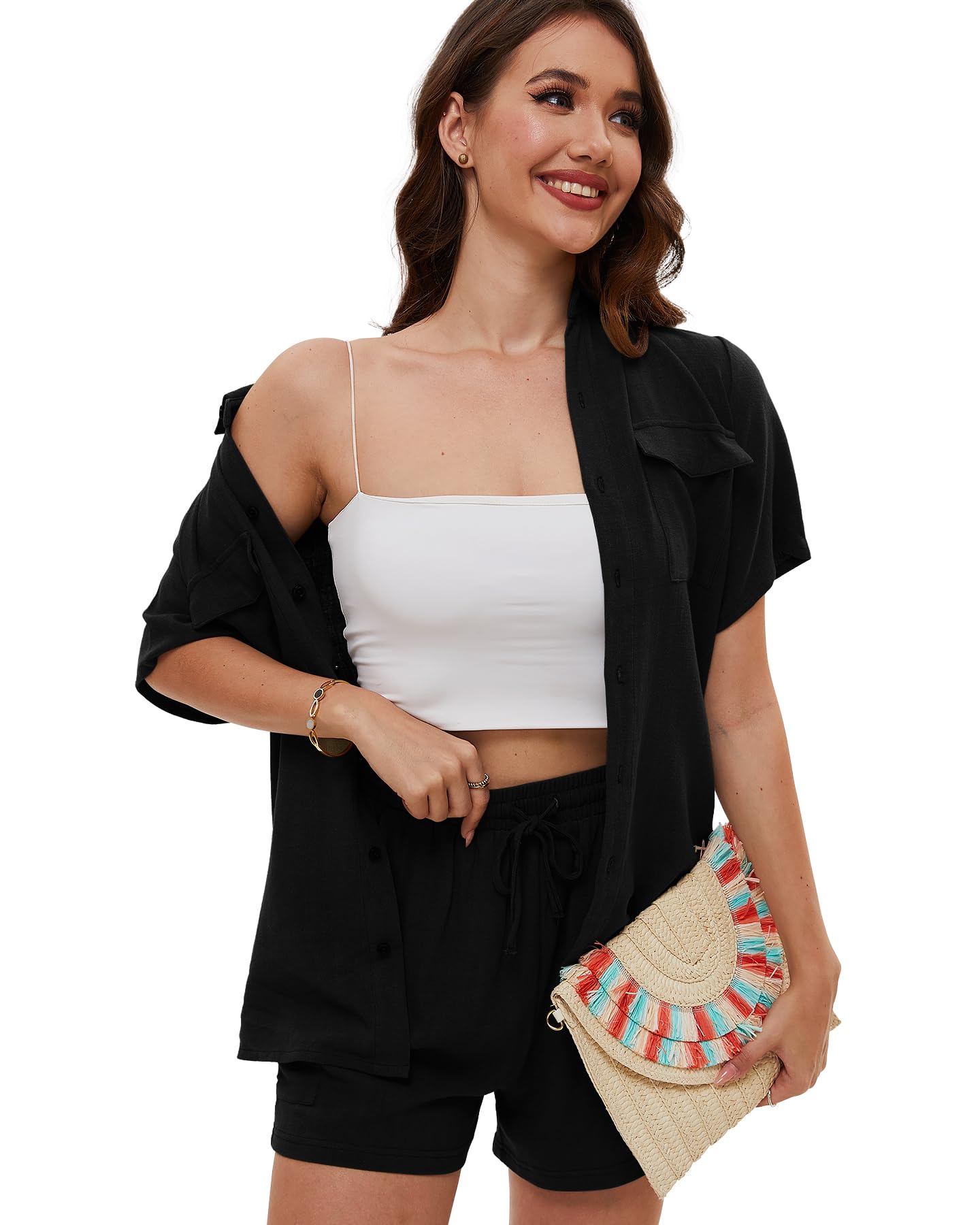 LadyJoy Women's 2-Piece Summer Outfit Set - Short Sleeve Button Down Shirt & Pockets Shorts | Lounge Wear, Vacation Outfits, Casual Beach Set