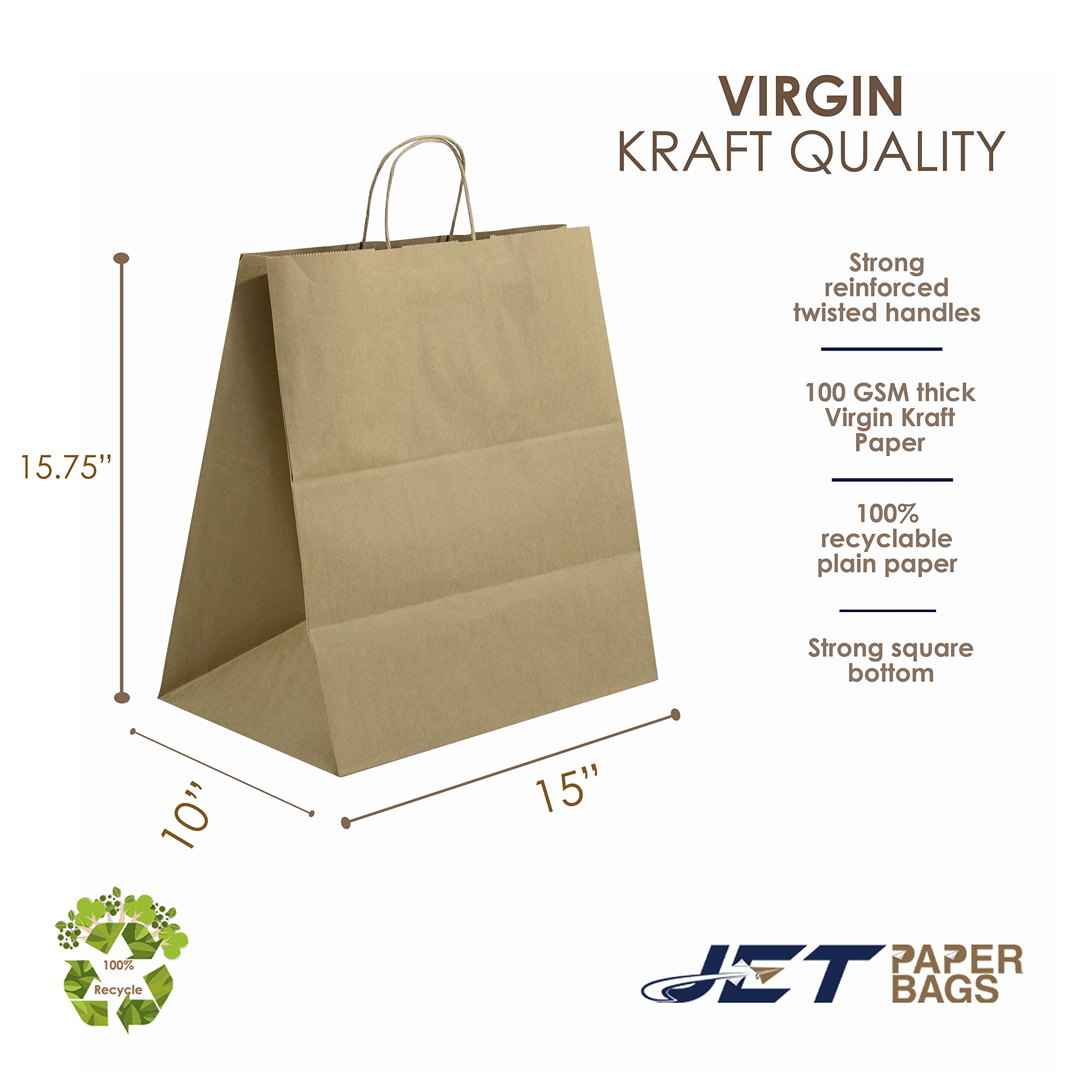 JET PAPER BAGS - 14”x9.5”x15.5” Large Brown Kraft Paper Bags with Handles [250 Pcs] - Eco-Friendly Recyclable Takeout Bags for Grocery, Retail, Parties, Weddings & Gift Giving - Perfect for Food Delivery, Shopping, and Special Occasions