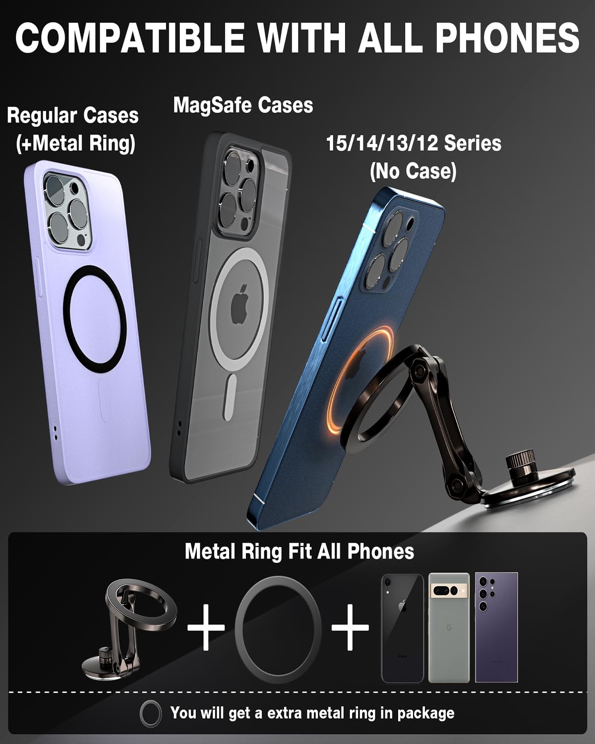 Smolink Magsafe Car Mount - Universal 360° Adjustable Magnetic Phone Holder for iPhone 15 Pro Max/Plus/14/13/12/Mini & Android - Alloy Folding Car Phone Stand - Perfect for Commuting, Road Trips & Hands-Free Navigation