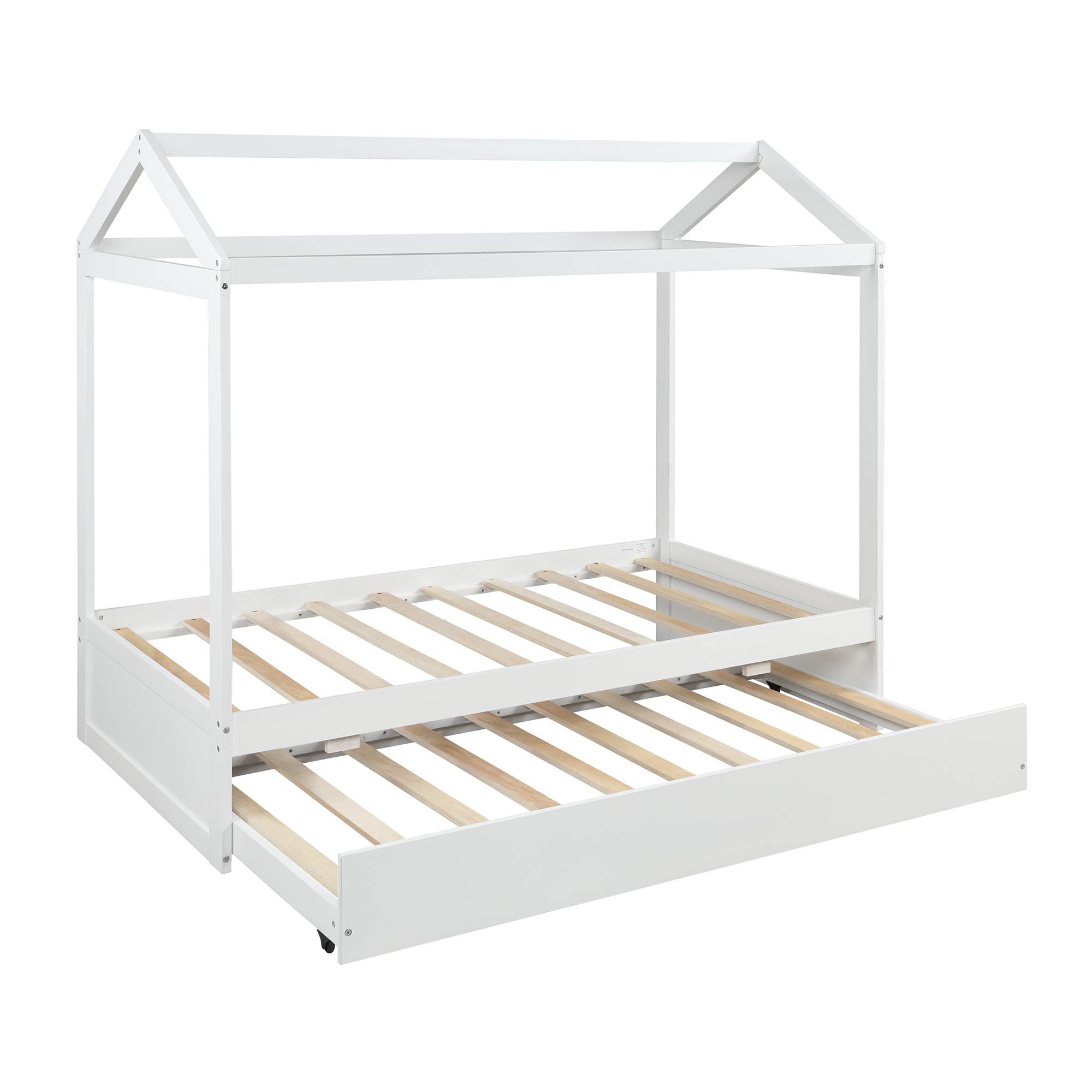MERITLINE Twin Size House Bed with Trundle - Kids Canopy Bed Frame with Roof for Boys & Girls, White - Perfect for Toddler Rooms, Playrooms & Small Bedrooms