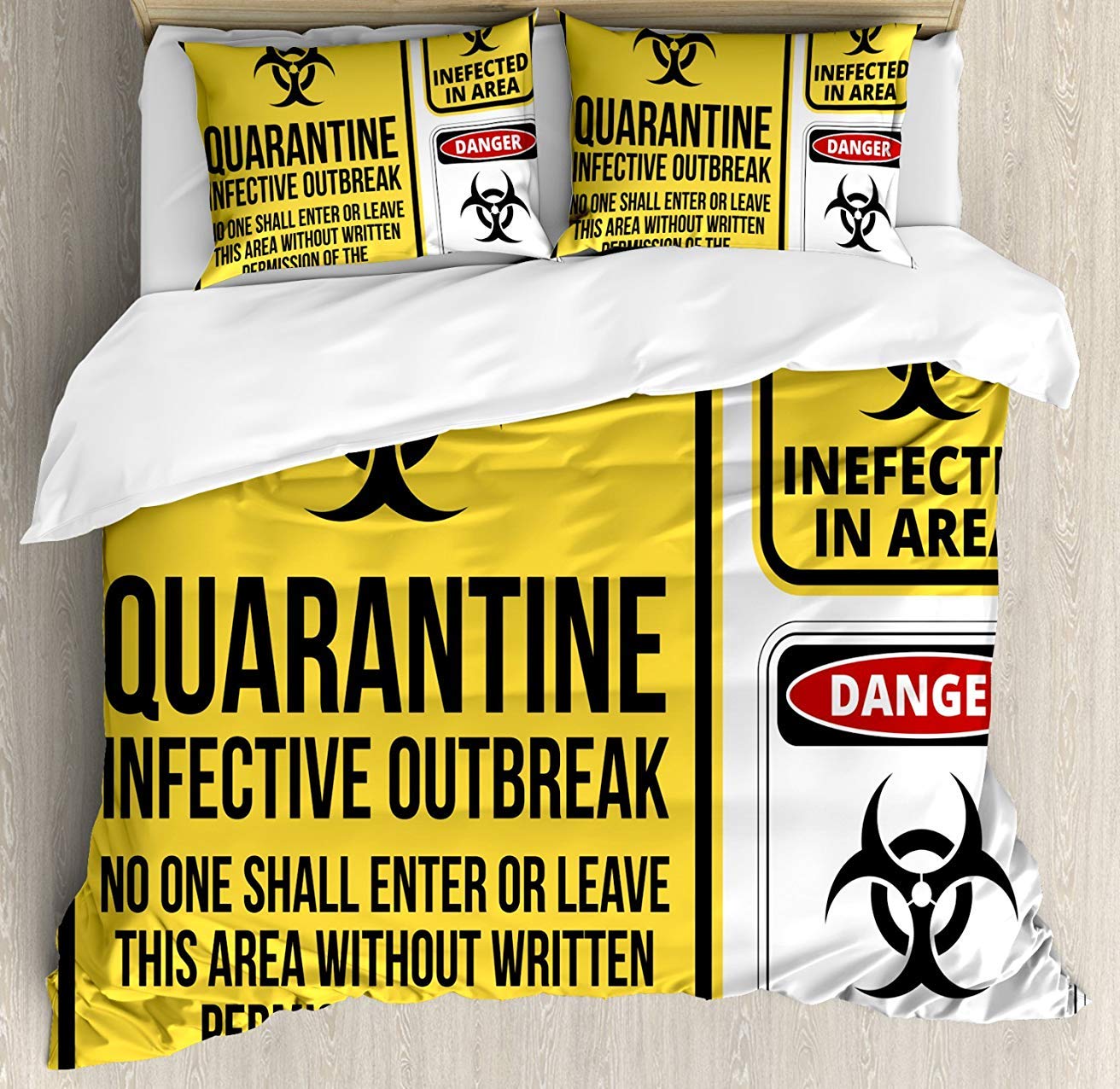UP Zombie Decor 3-Piece Queen Size Bedding Set - Danger Caution Signs Quarantine Infection Theme Comforter, Duvet Cover & 2 Decorative Pillowcases - Perfect for Kids, Teens & Adults Bedroom Horror Decor - Great for Halloween, Themed Parties & Horror Movie Nights