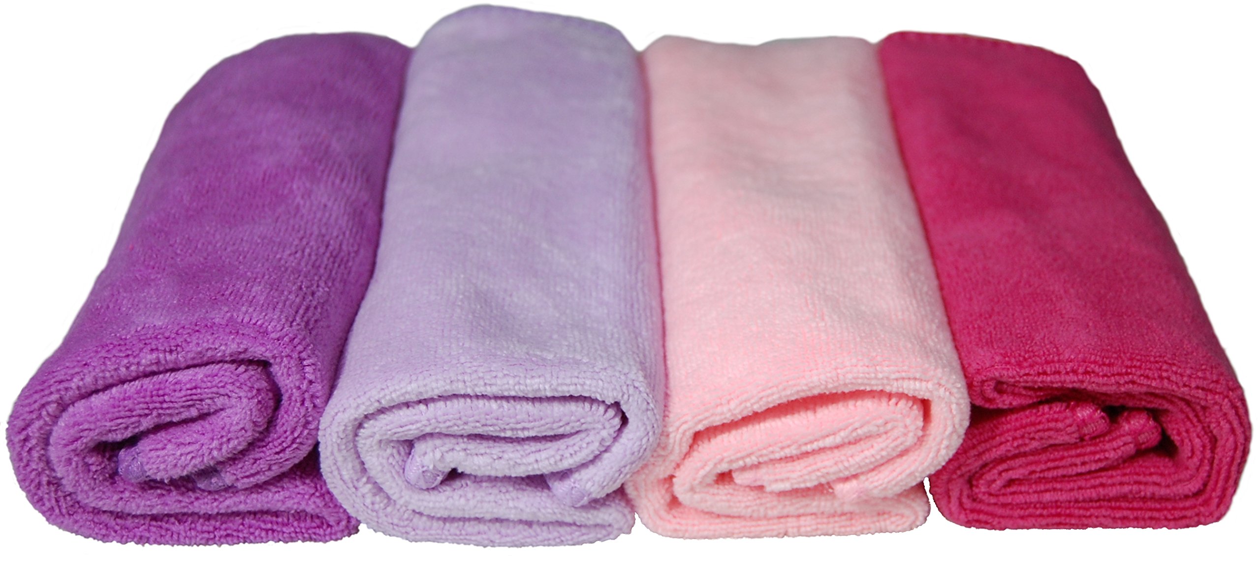 EcoSol Designs - 12x12 Inch Microfiber Cleaning Towels Set of 4 | Ultra Soft, Thick & Quick Dry | Perfect for Car Detailing, Kitchen Cleaning, Gym & Office Use | Dark Pink, Light Pink, Purple & Lavender