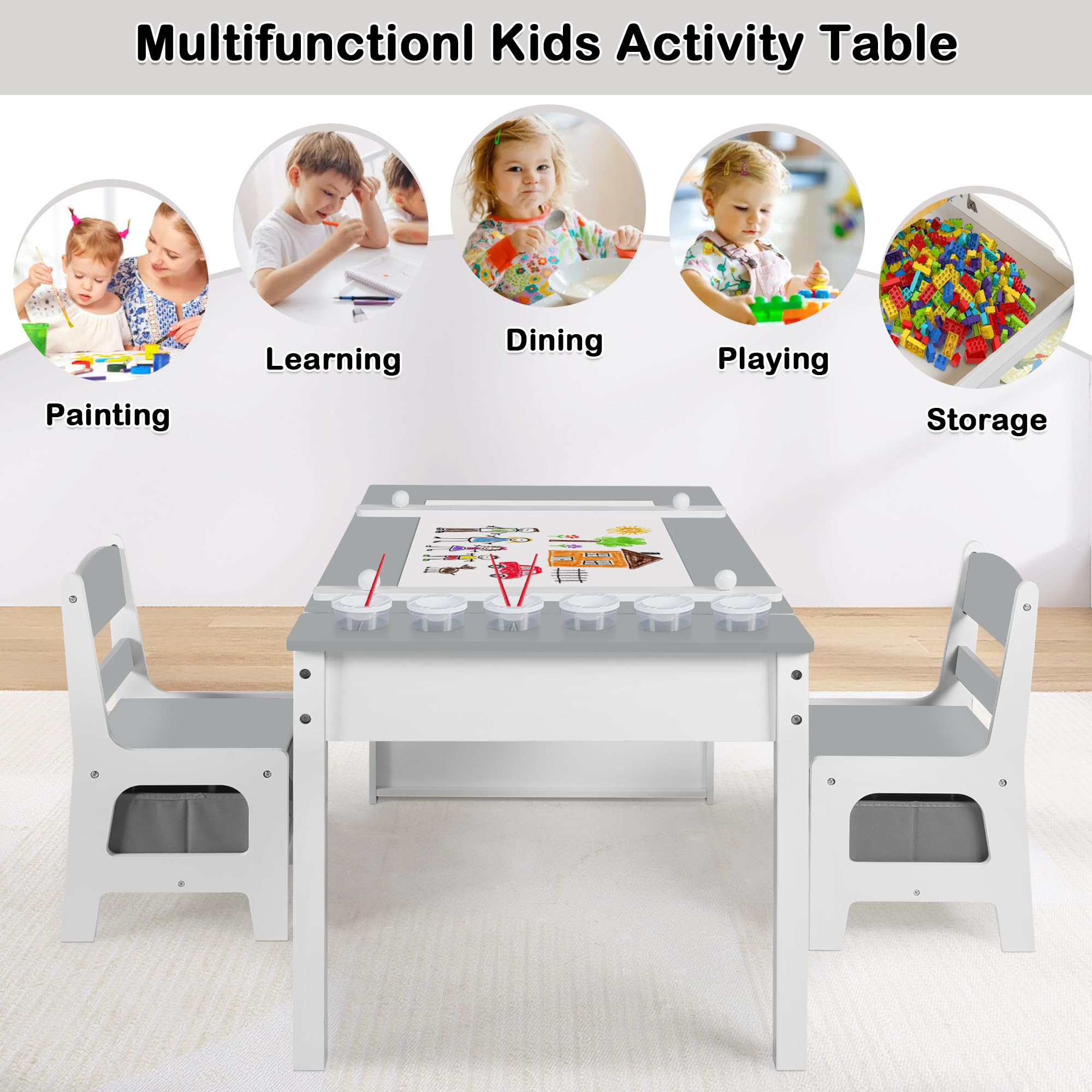 2-in-1 Kids Art Table and Chairs Set with Storage - Wooden Activity Desk for Toddlers Includes 2 Chairs, 8 Canvas Bins, 6 Paint Cups & Paper Roll - Perfect for Drawing, Writing & Creative Play in Nursery or Playroom
