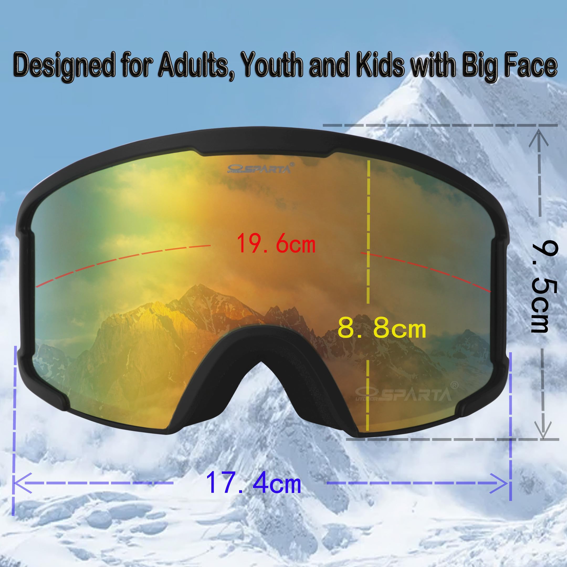 OTG Ski Goggles for Men, Women & Youth - Over Glasses Snowboard Goggles with 100% UV Protection & Anti-Glare Lens - Perfect for Skiing, Snowboarding & Winter Sports