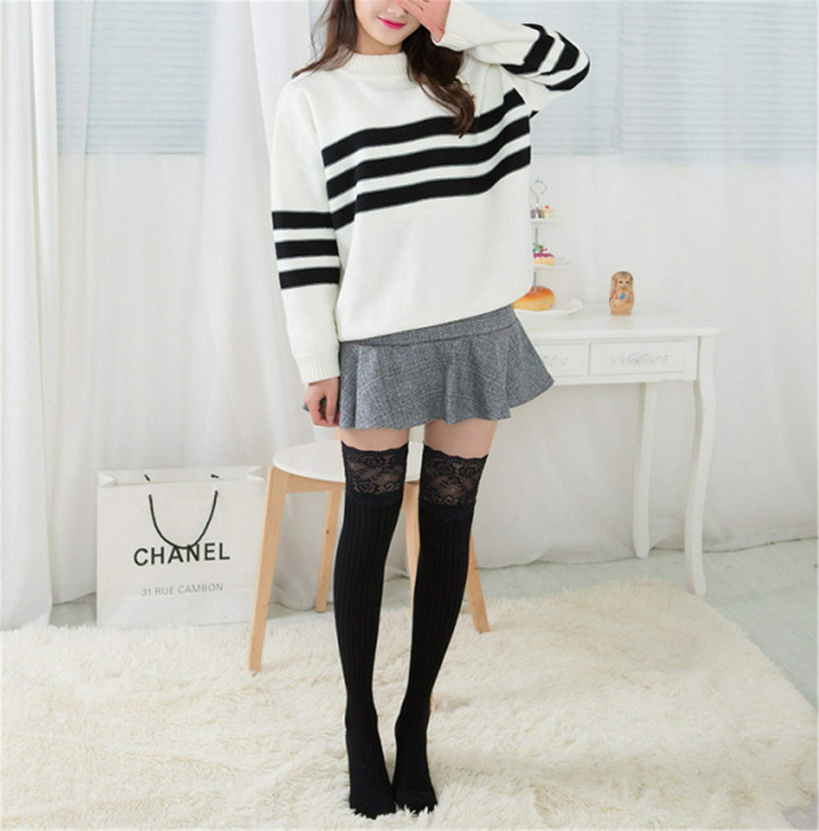 Yuemengxuan Women's Lace Knitted Over-The-Knee Thigh High Stockings | Sexy Cotton Pantyhose for Ladies | Perfect for Date Nights, Parties & Special Occasions