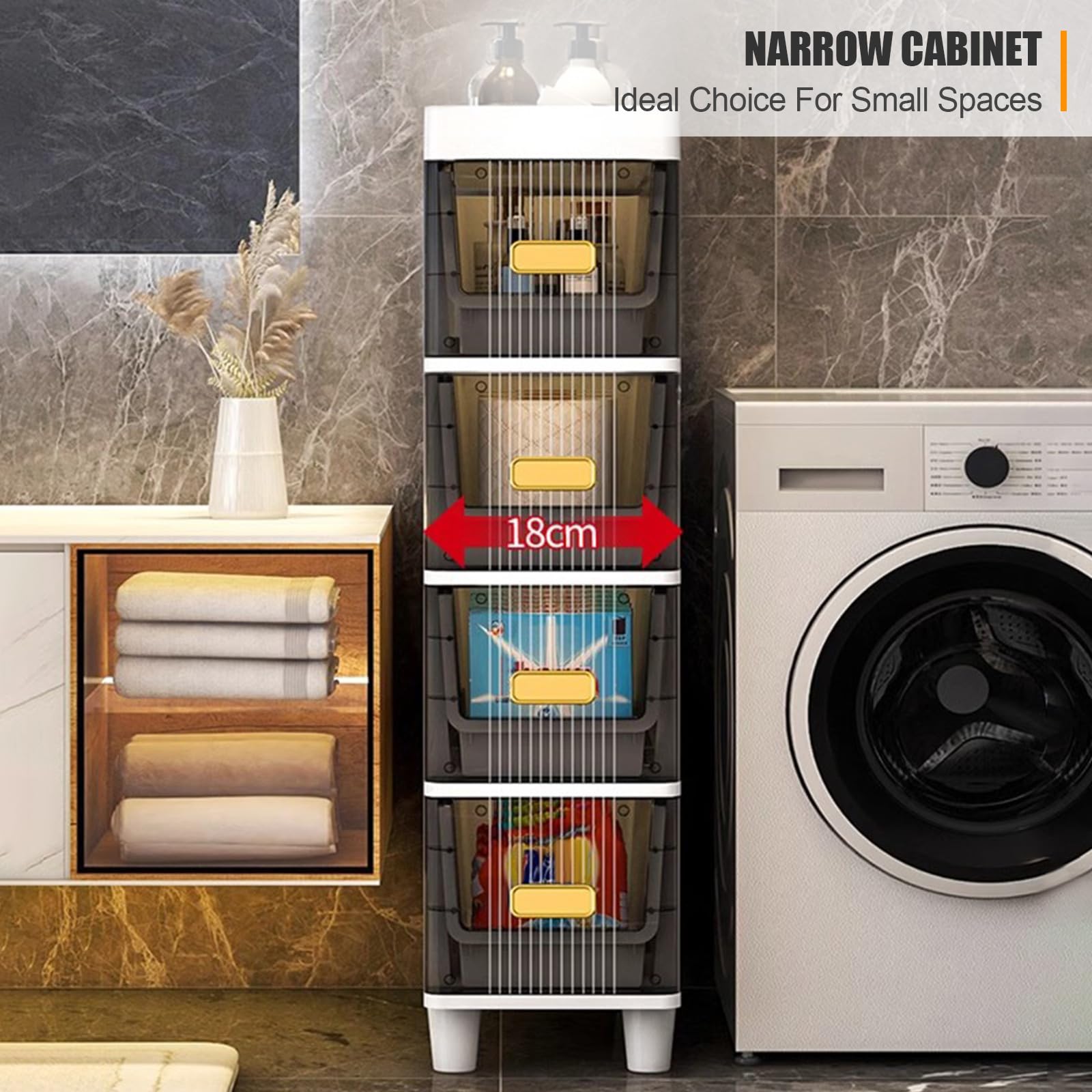 7-Inch Wide Skinny Storage Cabinet with 5-Tier Narrow Drawers - Space-Saving Bathroom & Kitchen Organizer for Toilet Paper, Cosmetics & Small Items - Perfect for Bathroom Corner, Apartment & Tiny Homes