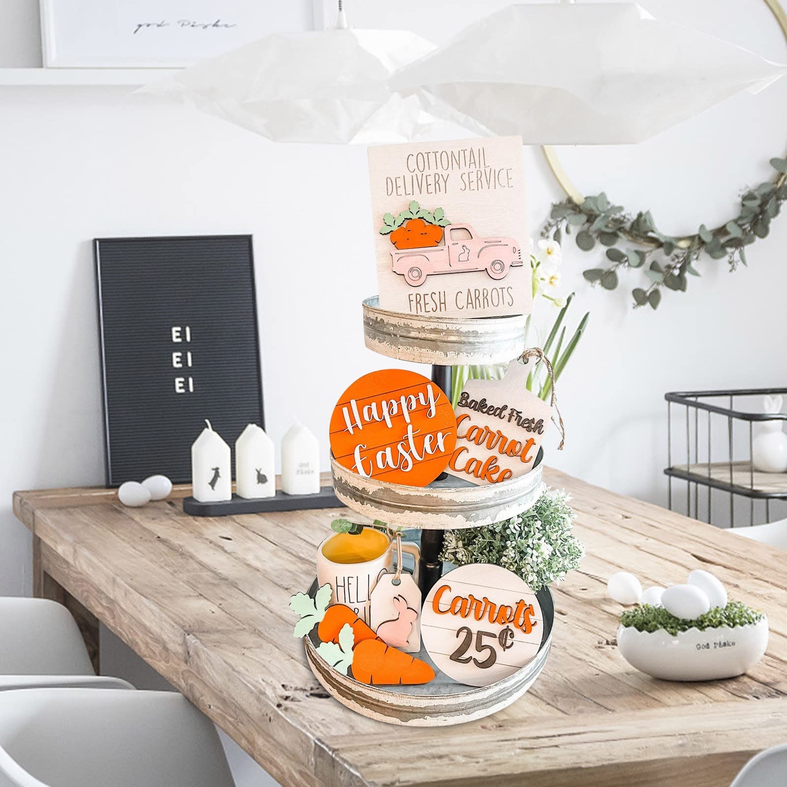 3D Mini Wooden Bunny Signs Easter Tiered Tray Decor - Rustic Wooden Easter Decorations for Home, Office & Party - Perfect for Spring Table Centerpiece, Shelf Display & Holiday Gift Giving