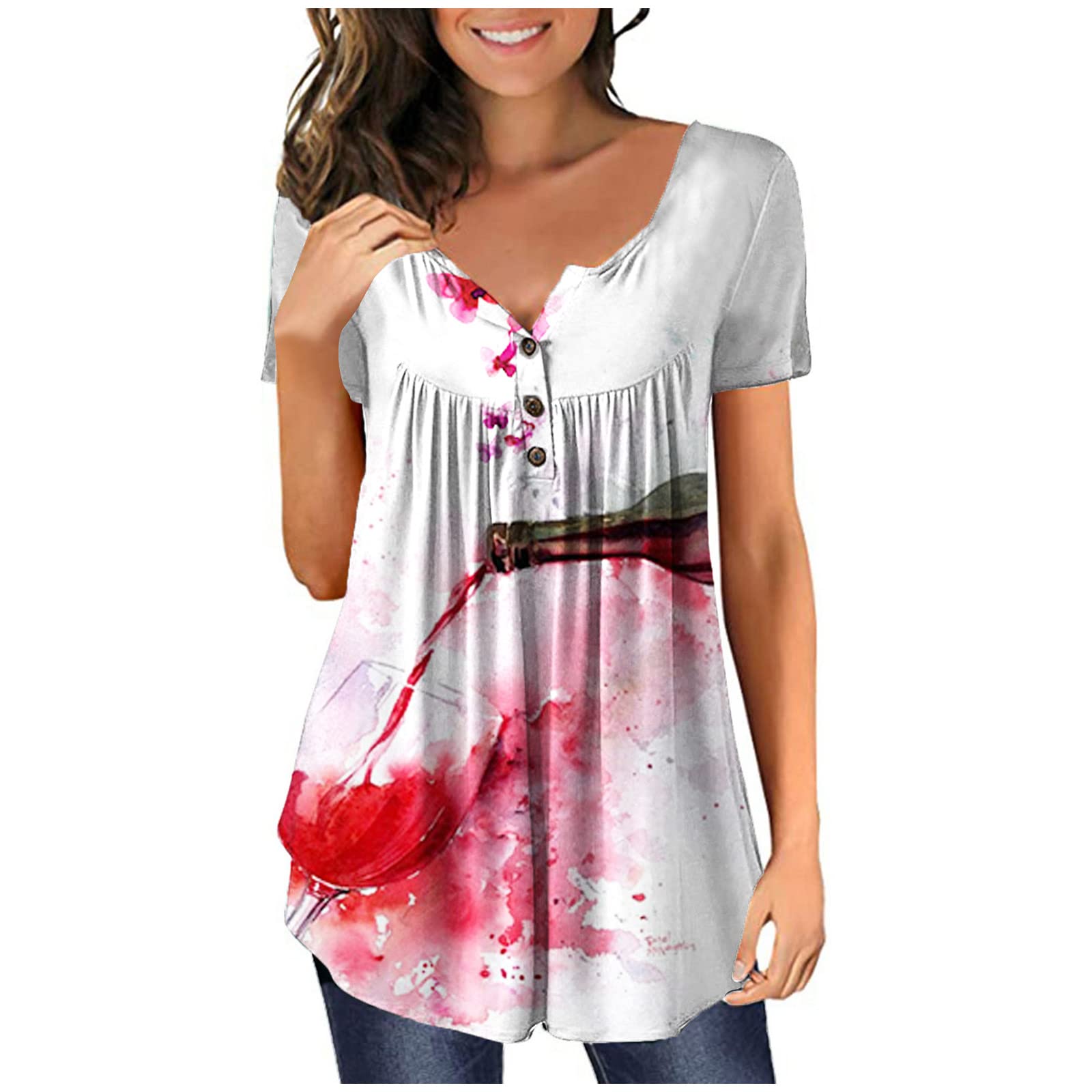 Trendy Women's Scoop Neck Henley T-Shirts - Short Sleeve Pleated Hem Tunic Tops with Fashionable Graphic Prints | Perfect for Casual Wear, Summer Outfits & Everyday Fashion